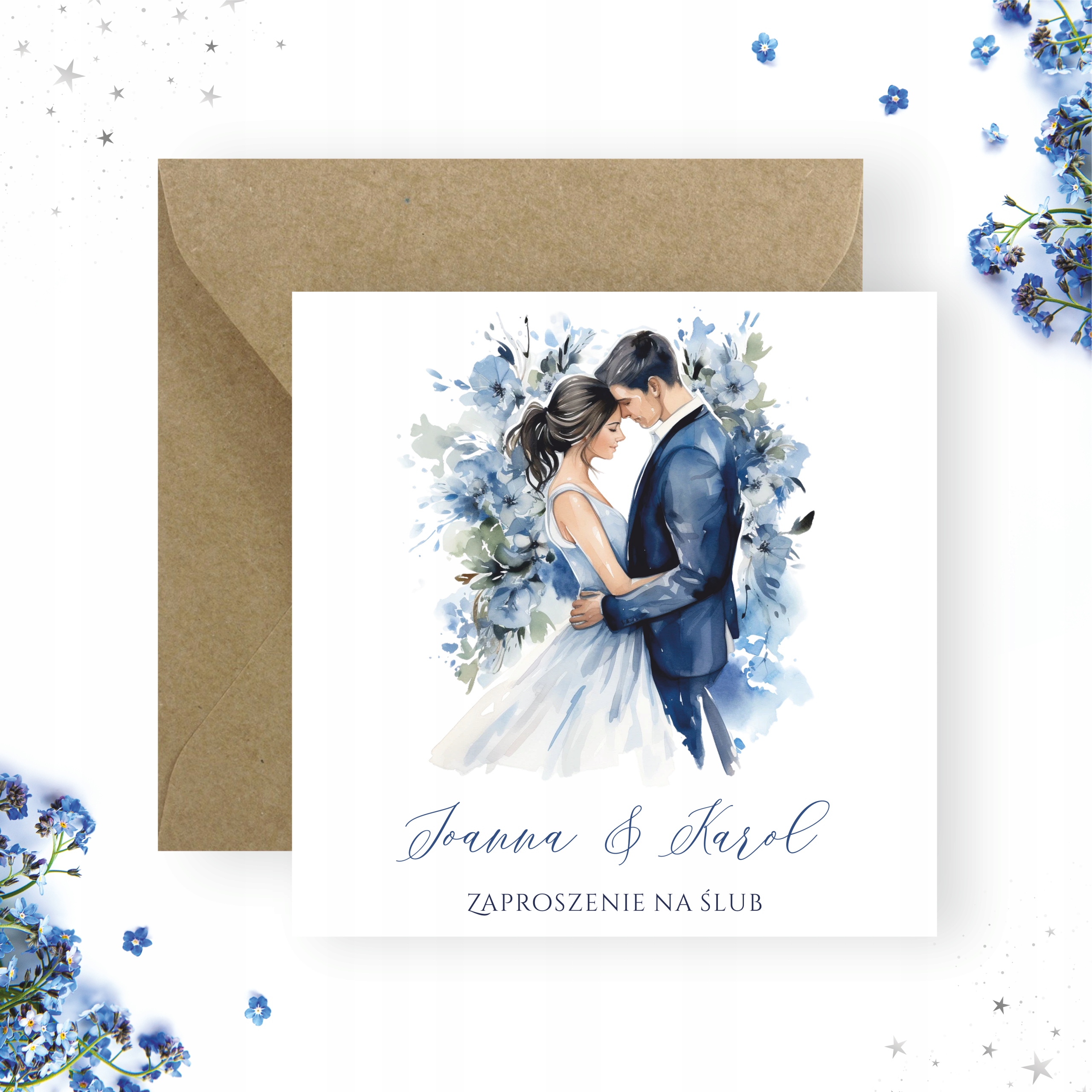 ZAPROSZENIA NA ŚLUB ŚLUBNE WESELE GRANATOWE NIEBIESKIE KWIATOWE Wysokość produktu 14 cm