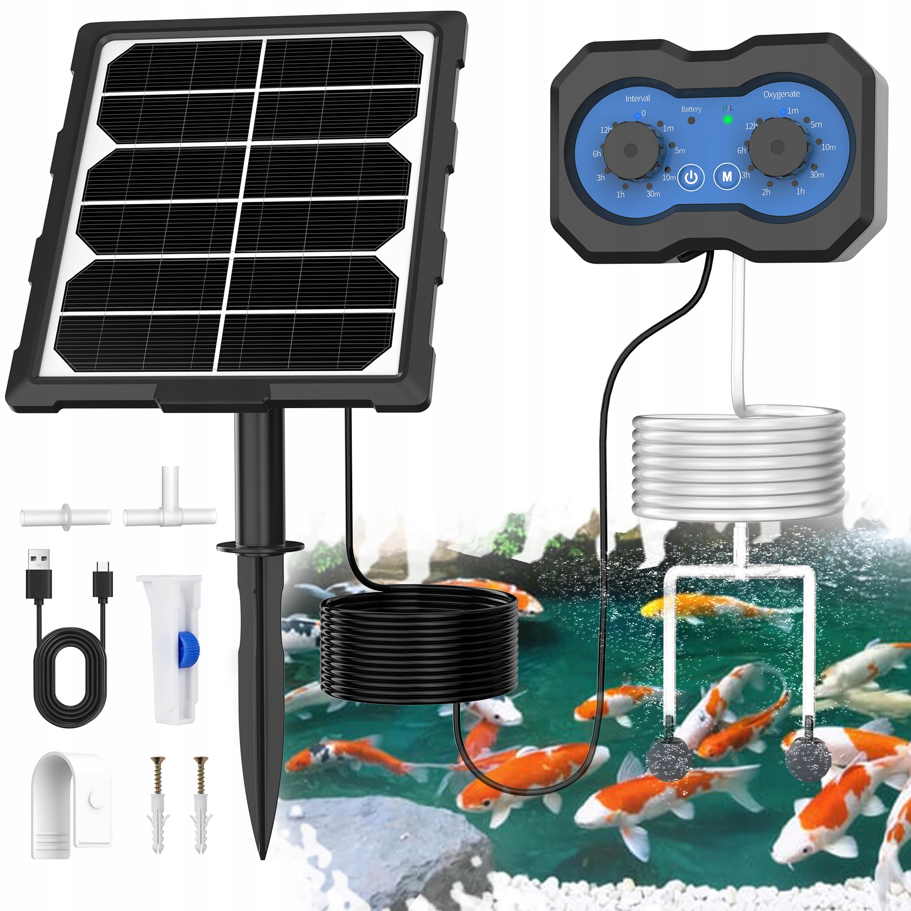 Solární provzdušňovač do jezírka s časovačem, dvojité Usb nabíjení 2200 mAh