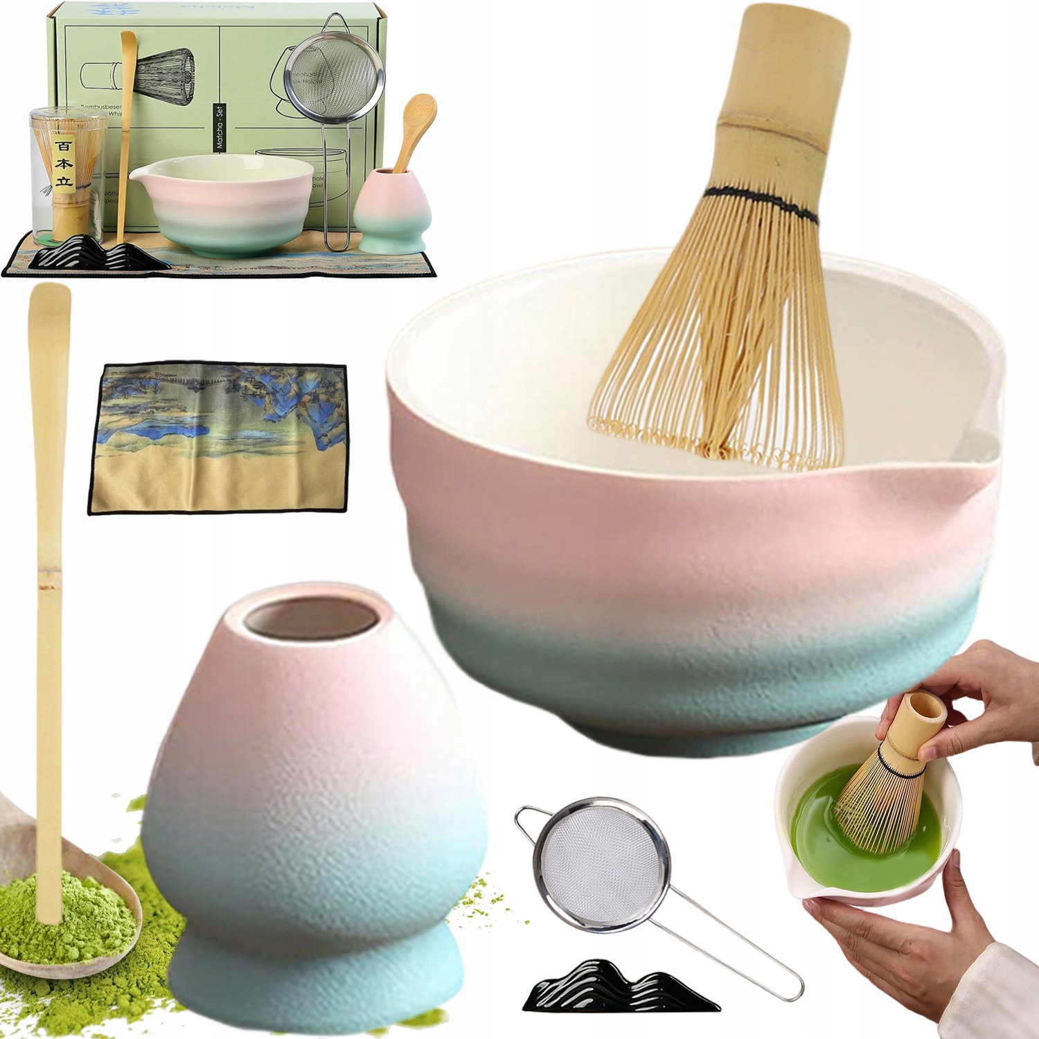 Levně Dárková sada na čaj matcha šálek metla, podstavec, lžička x8