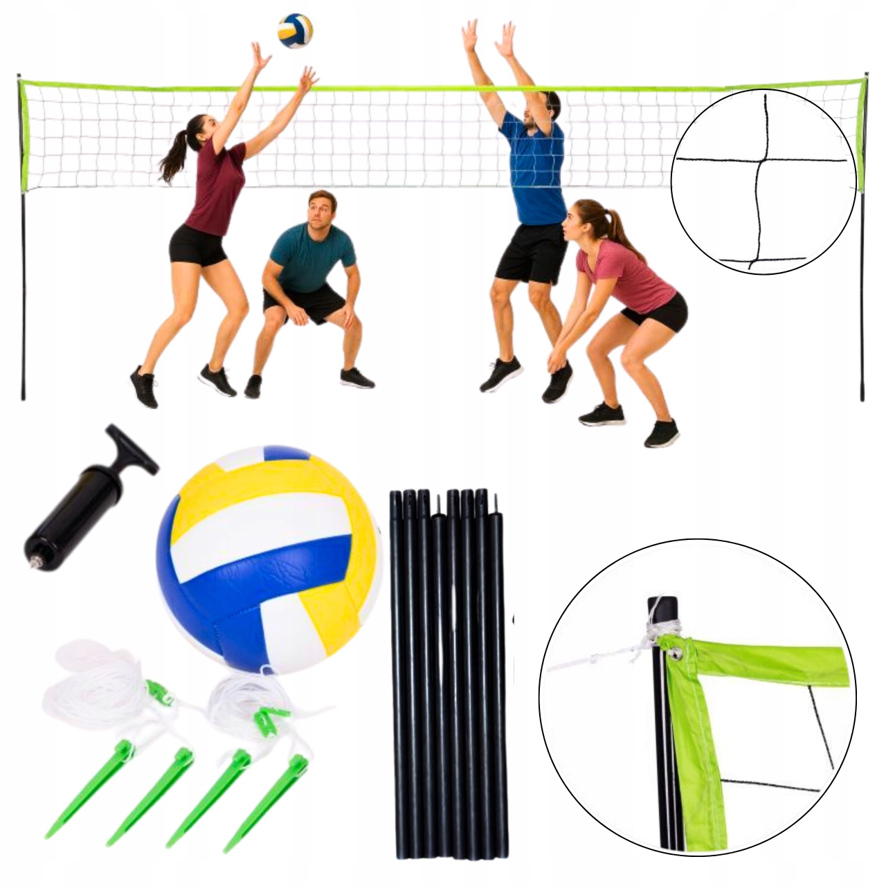 Zestaw Do Siatkówki Badmintona Stelaż Słupki Siatka 600 CM Piłka I Pompka