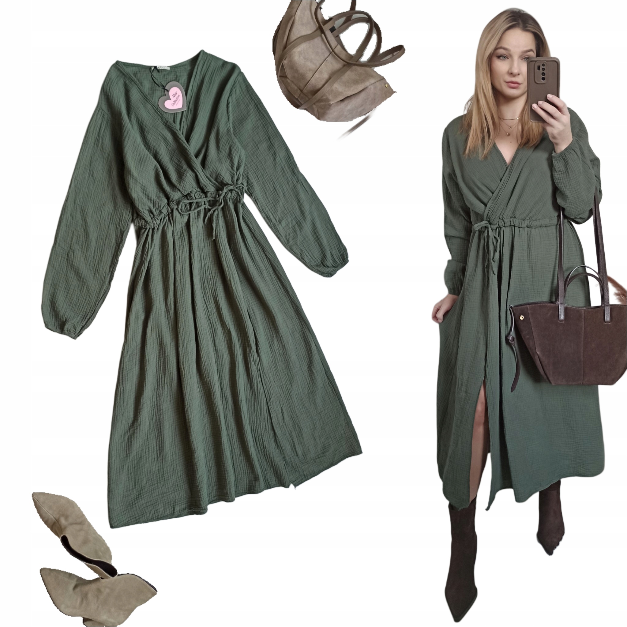 Sukienka bawełna muślinowa zielona butelkowa wiązanie midi