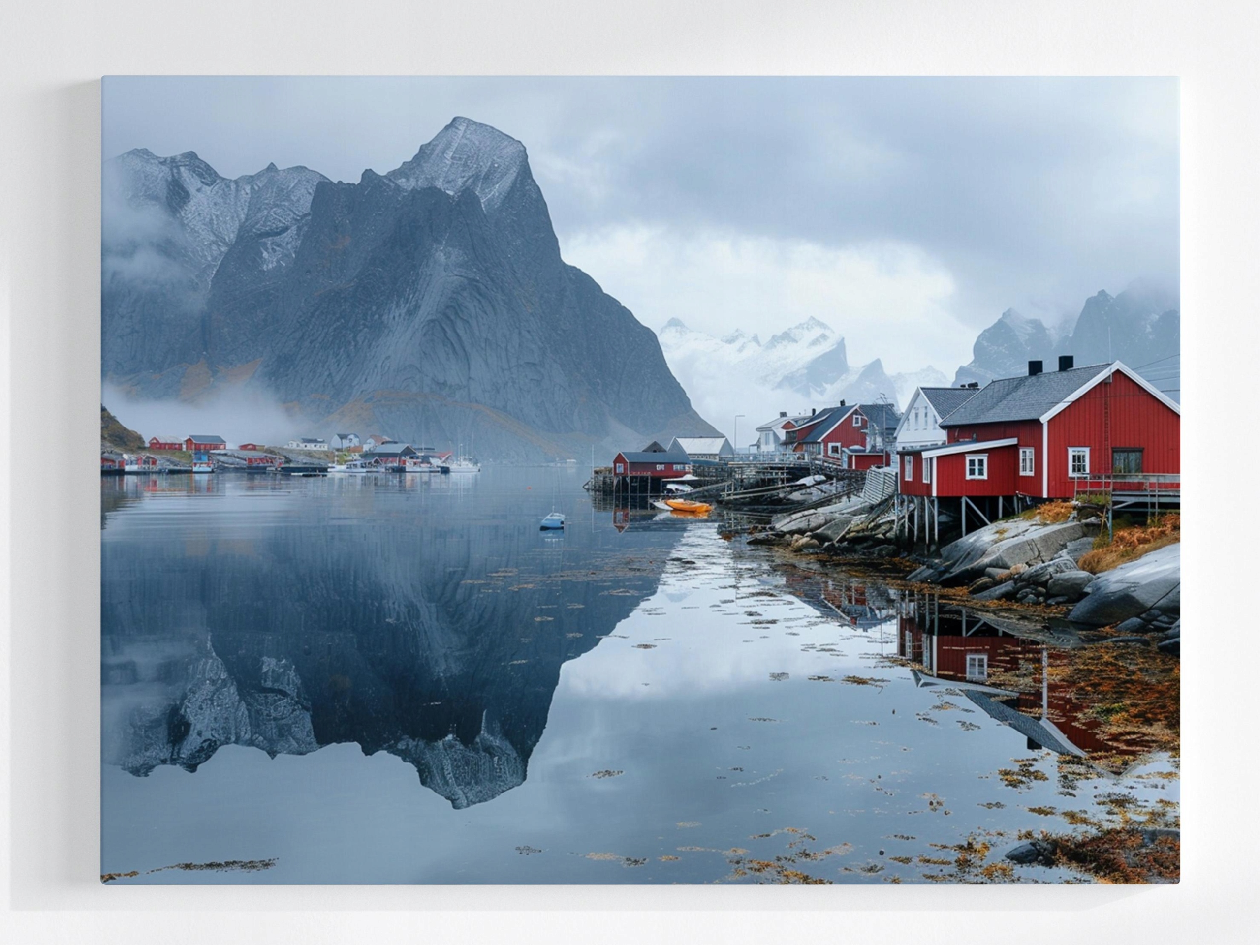 Obraz Na Plátně Canvas Norsko Lofoty Červené Domky Fiord Rorbu 100x75