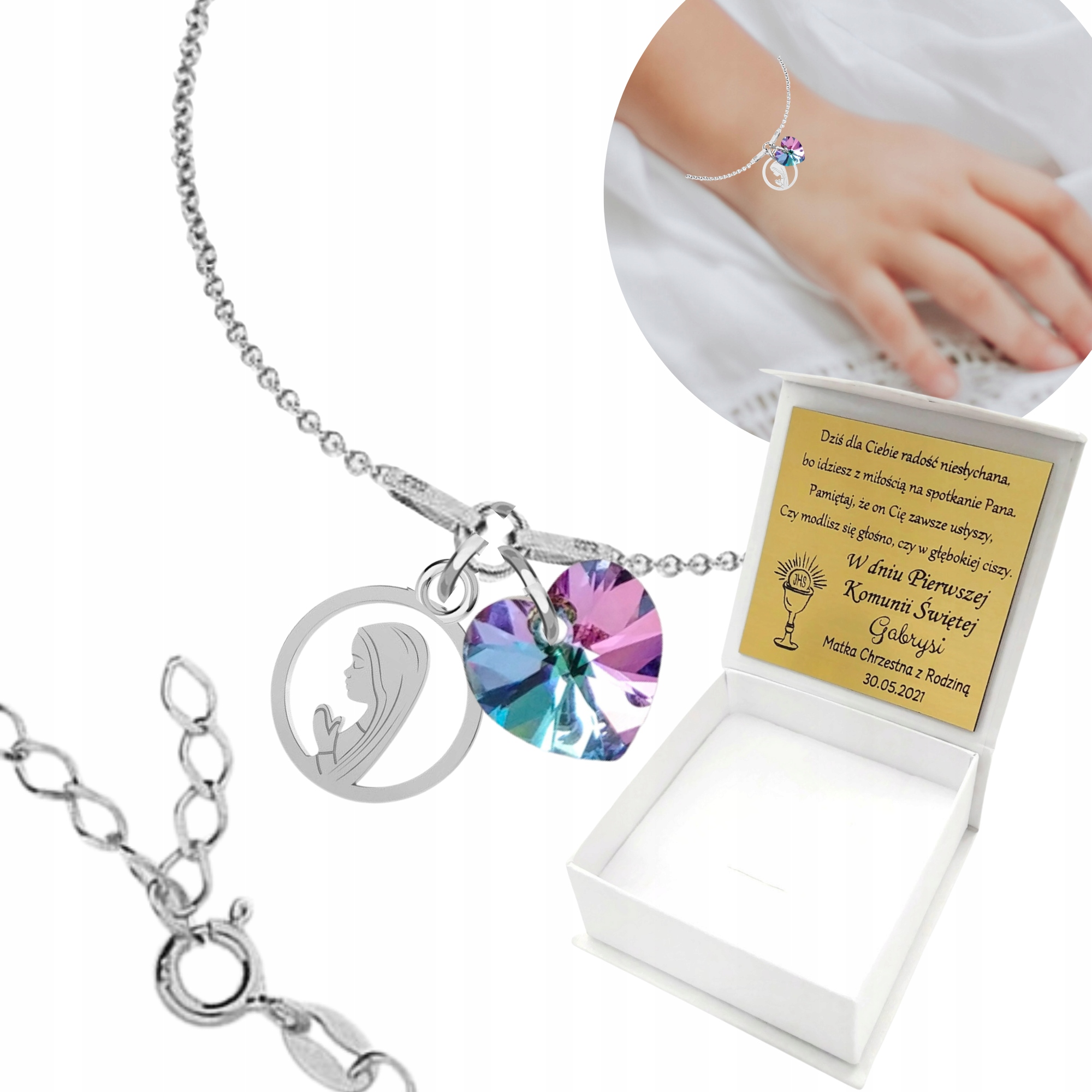 Náramek pro dívku Svaté Přijímání Matka Boží Gravírování Stříbro 925