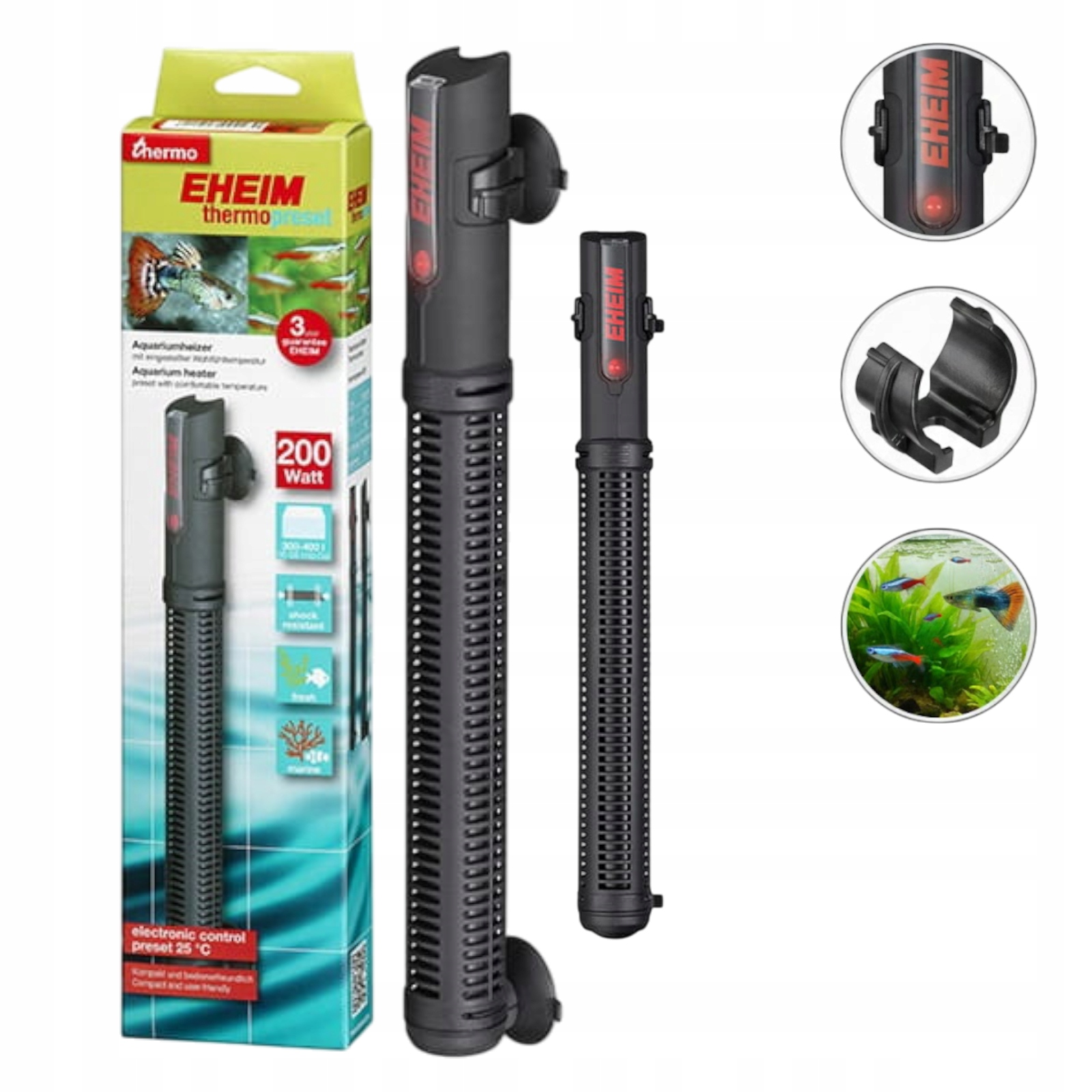 Automatyczna Grzałka Do Akwarium 200W 300-400l 25,35cm +Zabezpieczenie