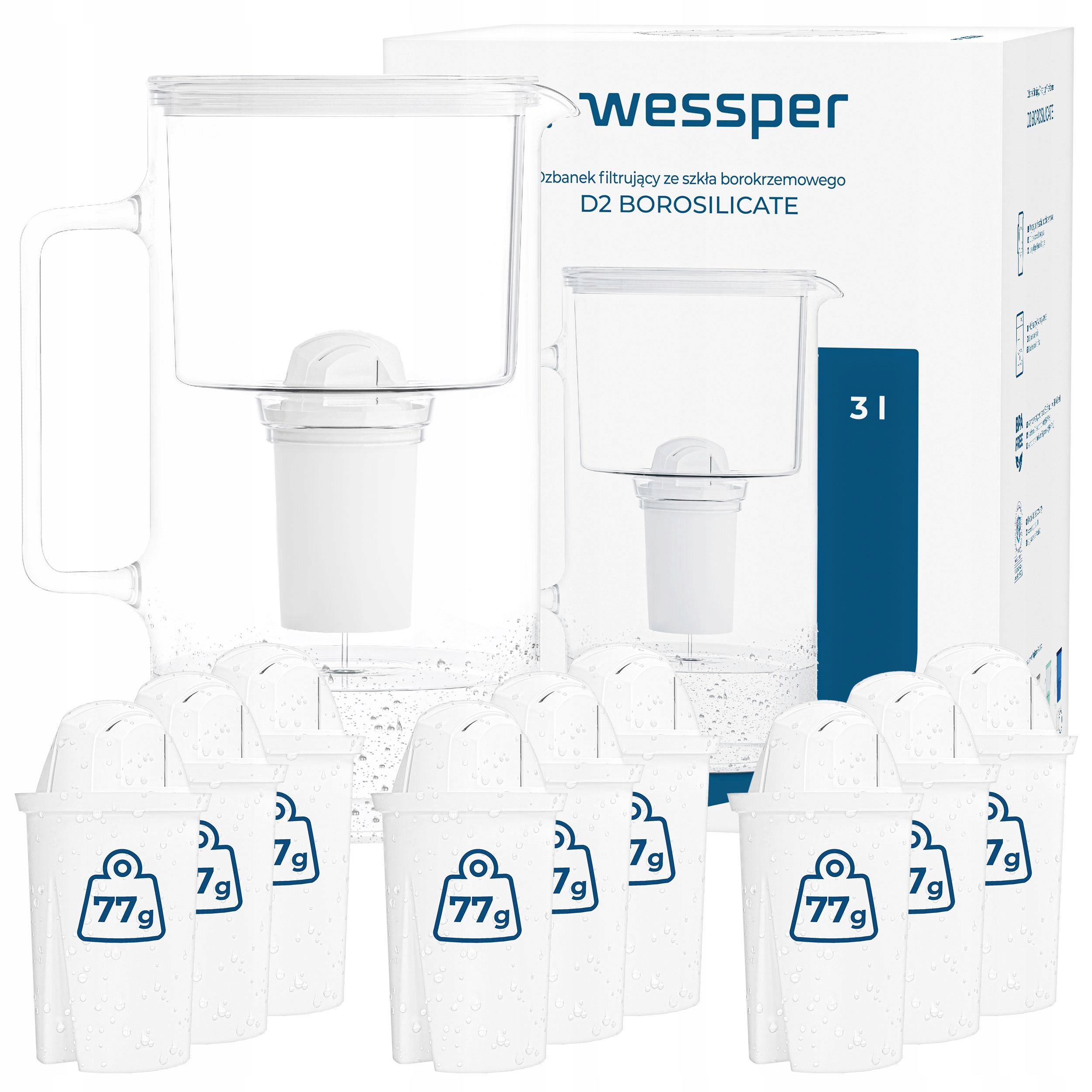 Dzbanek filtrujący szklany Wessper 3l Biały 10x Filtr aquaclassic