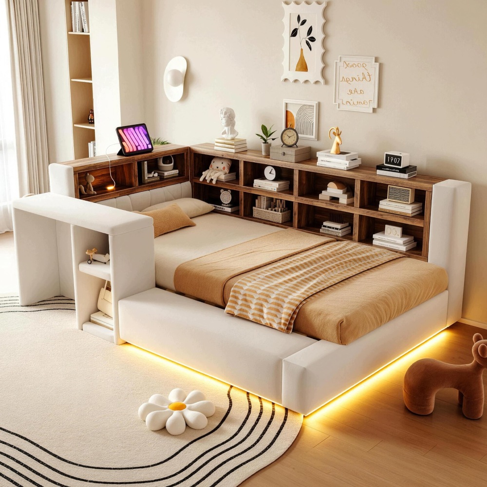 Čalouněná postel 90x200 béžová Led Usb úložné prostory opěrka hlavy stolek