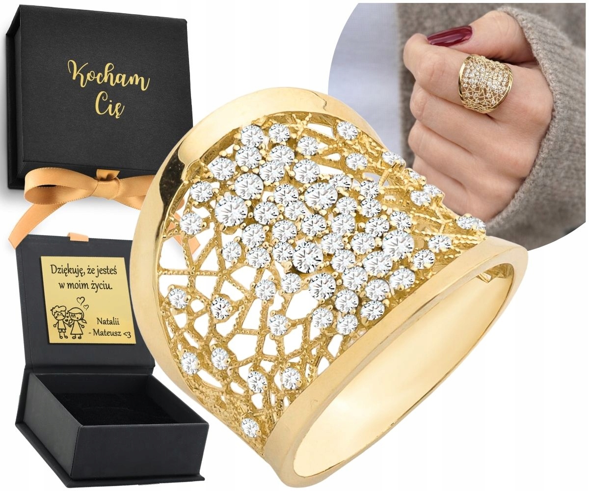 Šperky jako Dárek Zlatý Prstýnek Široký Ažurový Bílý Zirkony 585 P