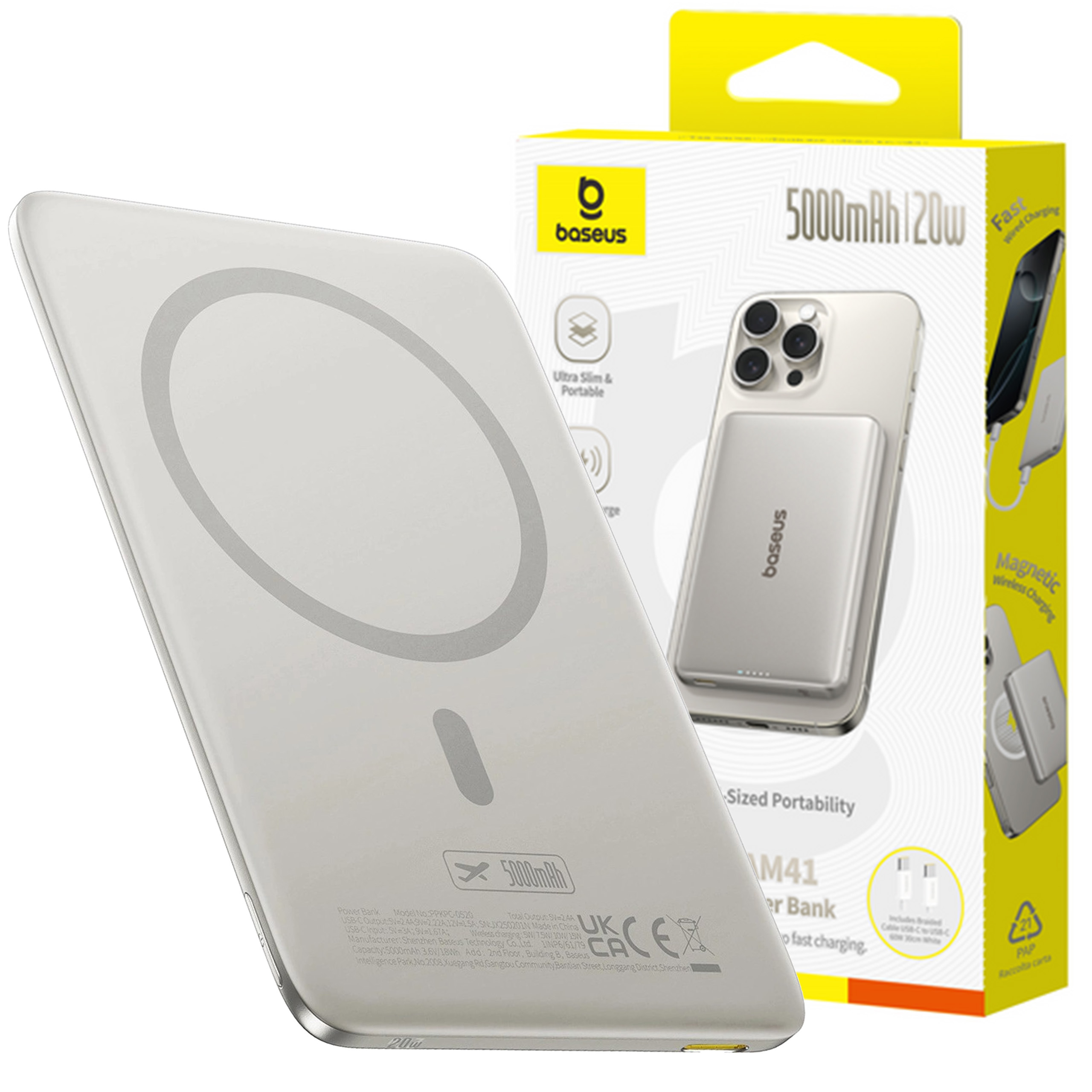 Power Indukční Banka Baseus 5000 mAh 20W MagSafe Rychlé Nabíjení Kabel