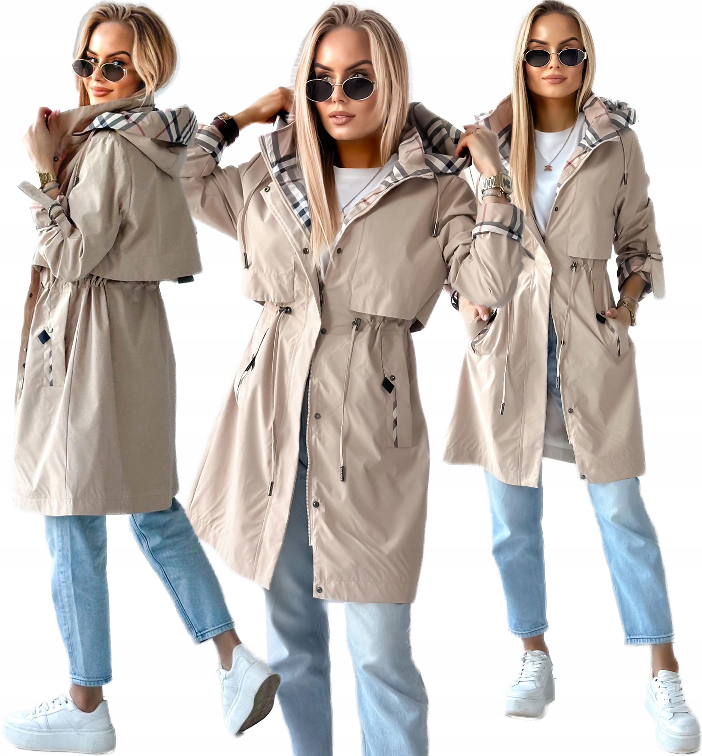 Béžová volná dlouhá dámská Bunda Parka s ozdobnou kostkovanou podšívkou XL Suzana