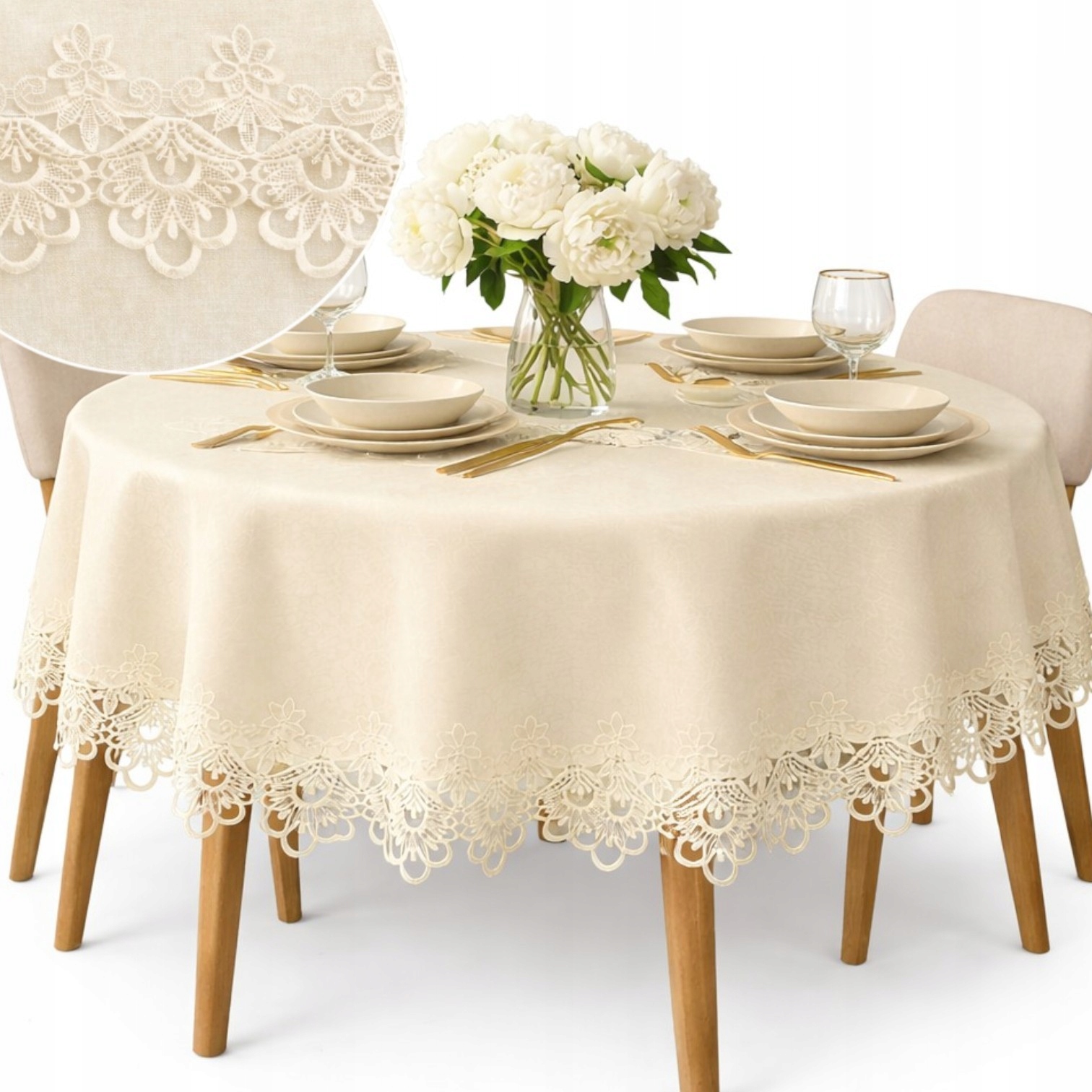 Obrus na Okrągły stół plamoodporny Ecru z gipiurą 170 cm Koło kremowy