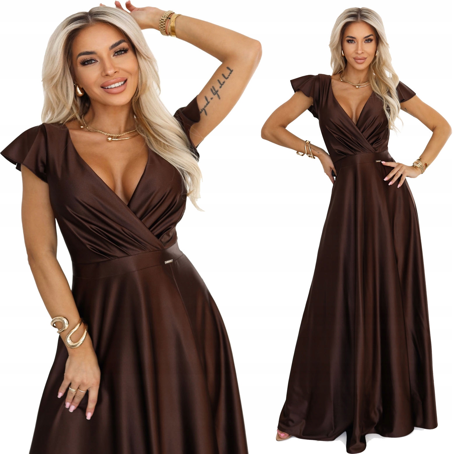 Efektní Maxi Saténová Plesová Sukně S Zavinovacím Výstřihem, Čokoládová