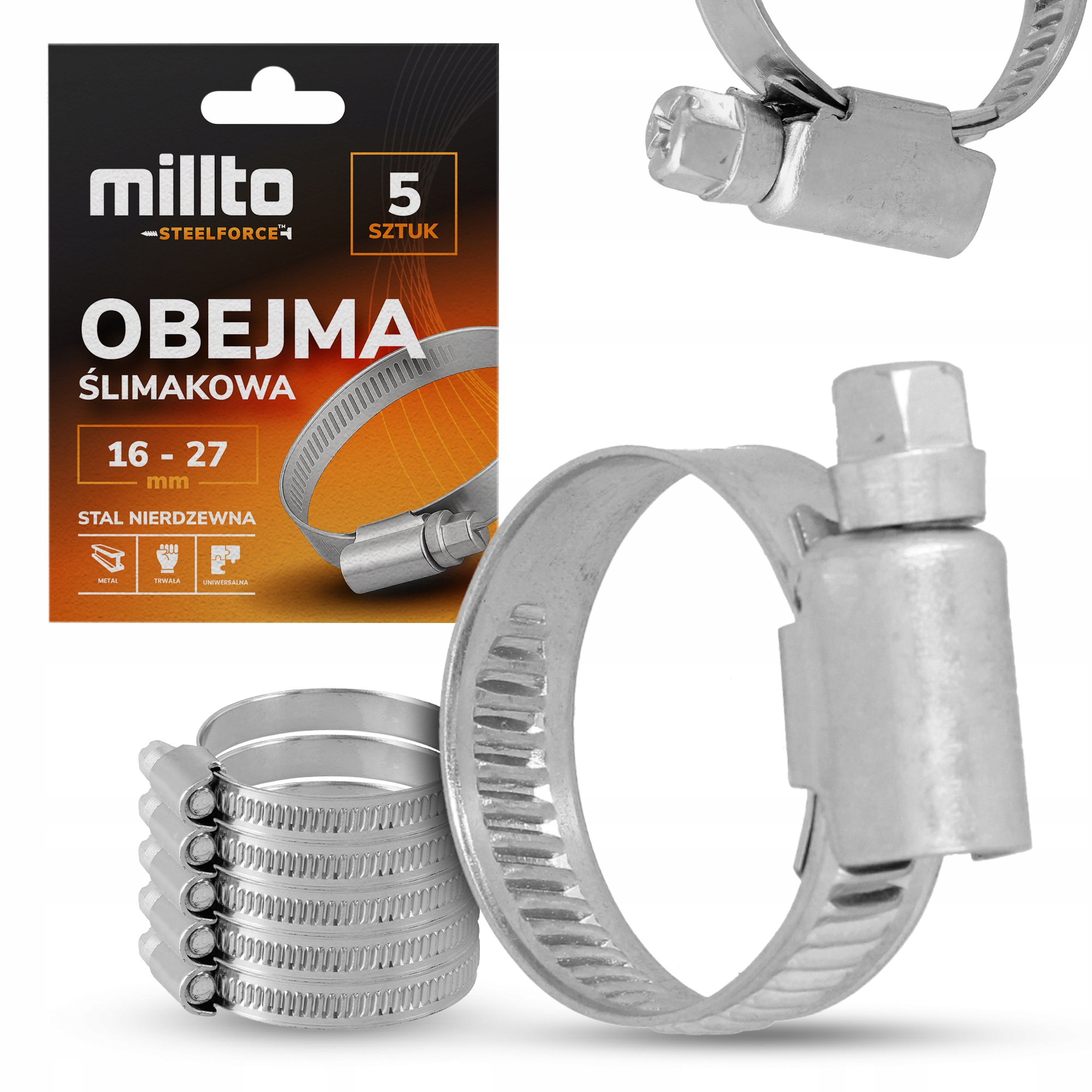 5x Opaska Zaciskowa Metalowa 16-27 mm Cybant Obejma Ślimakowa Skręcana Nq-m
