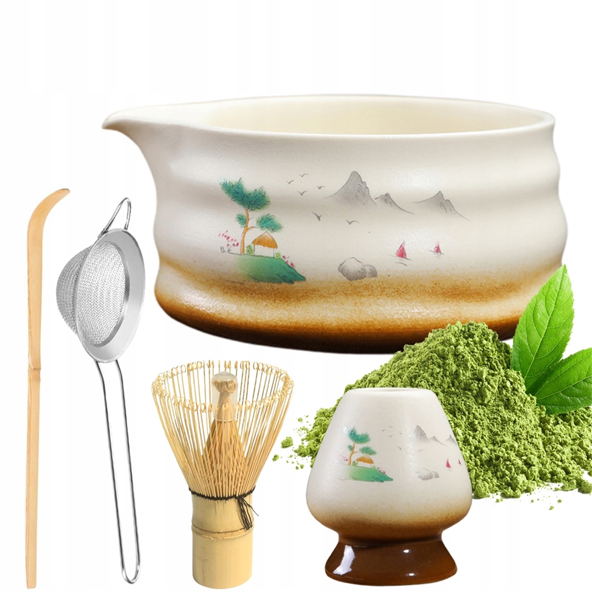 Matcha ruošimo rinkinys su keramika baltas su chashaku šaukšteliu