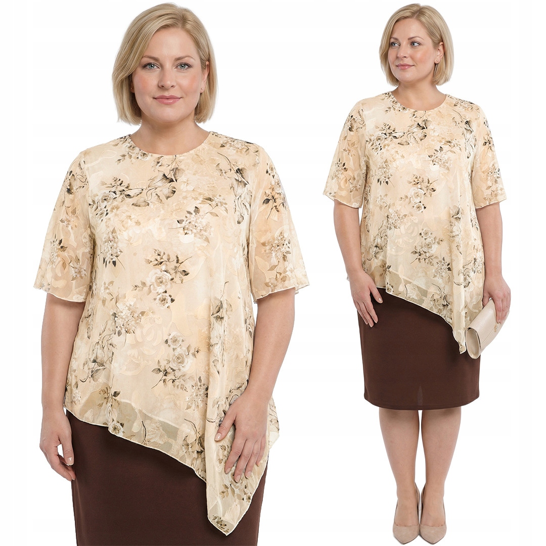 Béžová asymetrická tunika se světlými květy plus size velikost 50