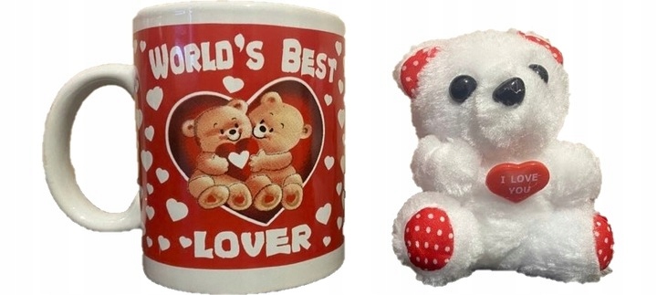 KUBEK 200 ml Z MISIEM MIŚ z SERCEM 10 CM PLUSZAK PREZENT I LOVE YOU