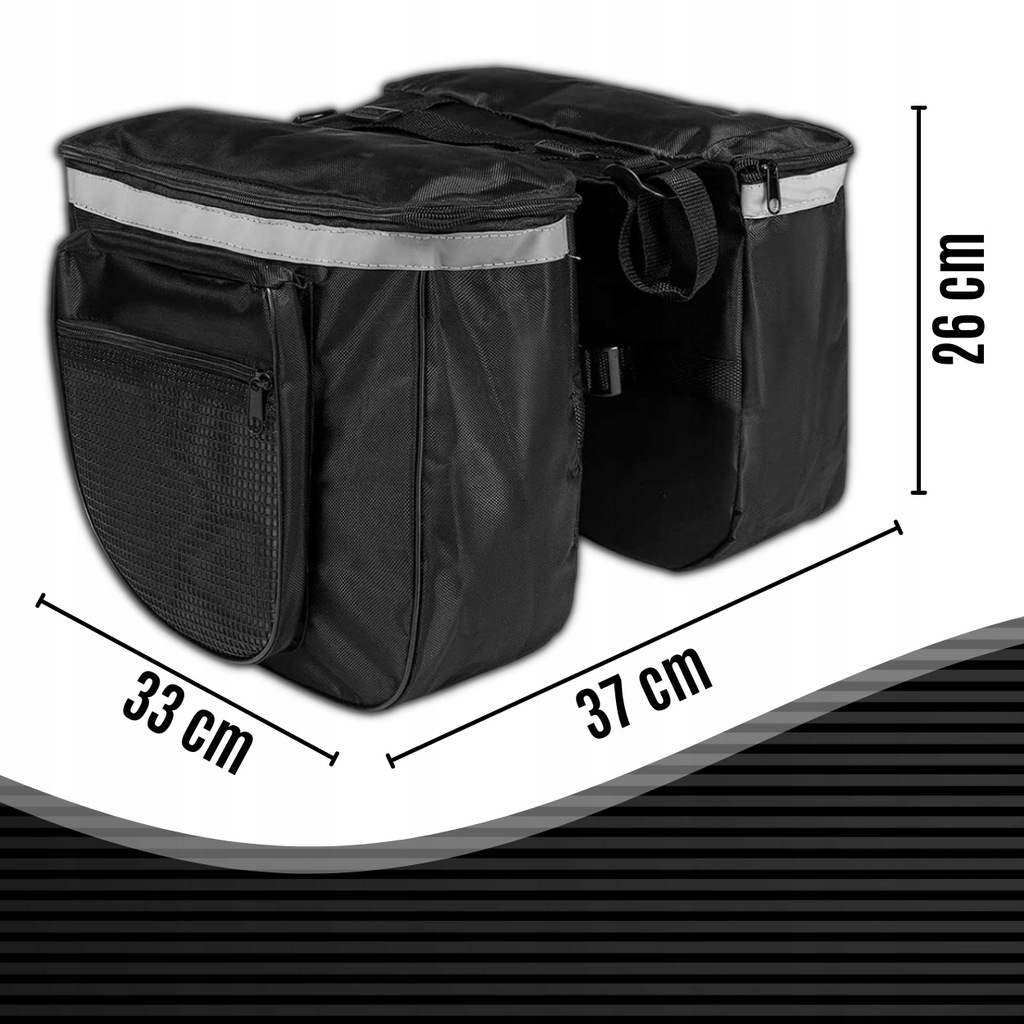 TORBA SAKWA ROWEROWA NA BAGAŻNIK rowerowy PODWÓJNA DUŻA POJEMNA + ODBLASKI Cechy dodatkowe elementy odblaskowe