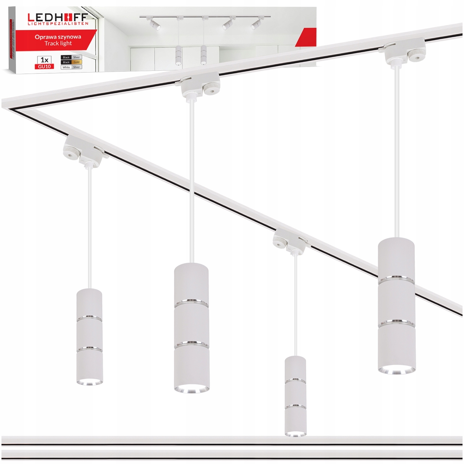 Kolejnicová lišta 2 m 4x Led závěsná lampa Tuba GU10 Bílá Stříbrná objímka