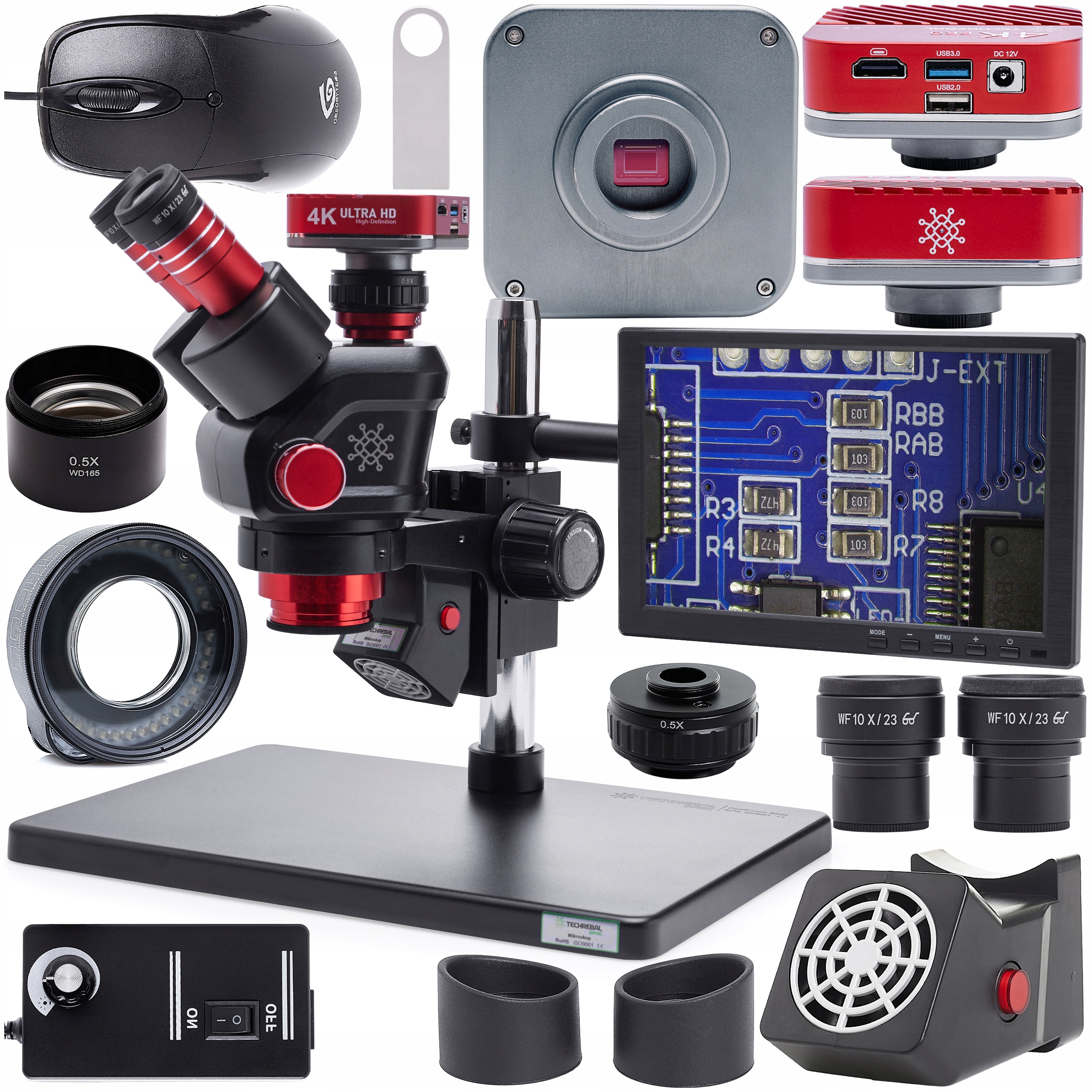 Optický Mikroskop 6,5-58x kamera světlo obrazovka 8" barlow pohlcovač kouře