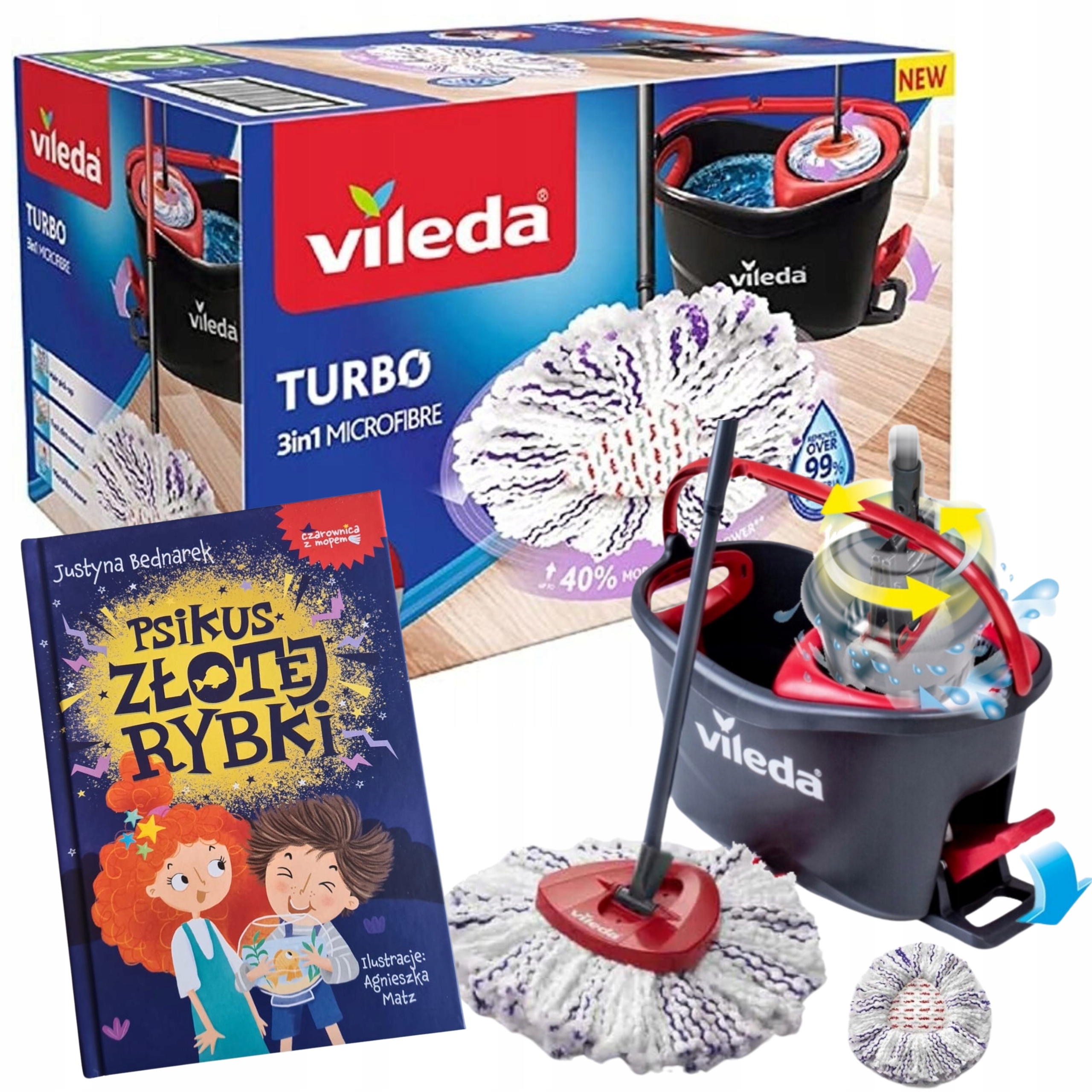 Vileda Rotační mop kulatý wring Turbo 3v1 Mikrovlákno s odstředivkou Kniha