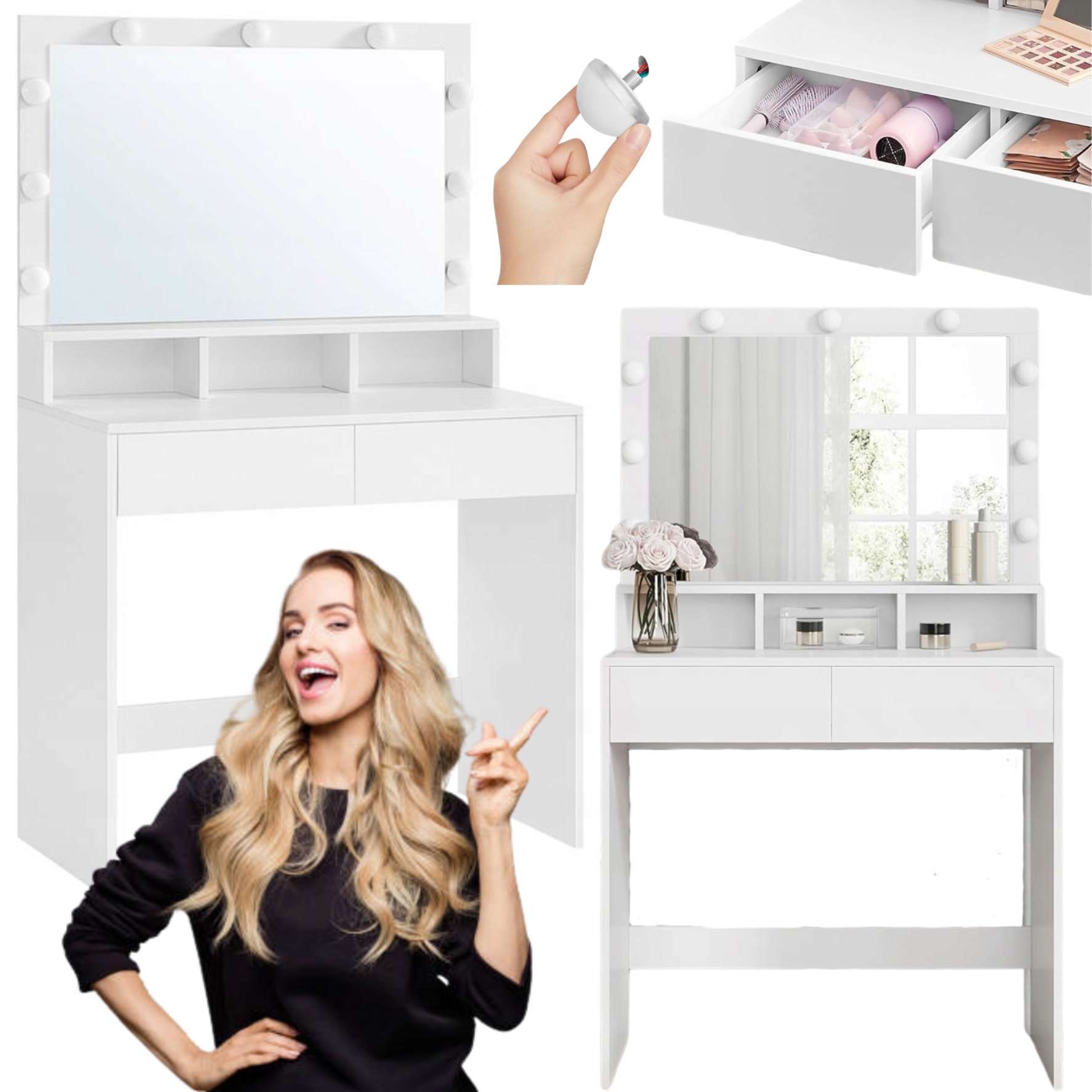 Toaletka s Led zrkadlom Biela Kompaktná Kozmetický stôl s zásuvkami