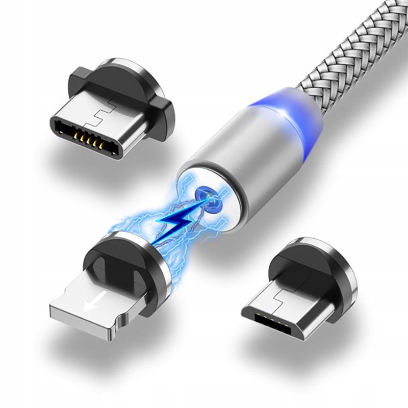 KABEL MAGNETYCZNY 3w1 DO IPHONE LIGHTNING ANDROID MICRO USB TYP-C OPLOT 1m Stan opakowania oryginalne