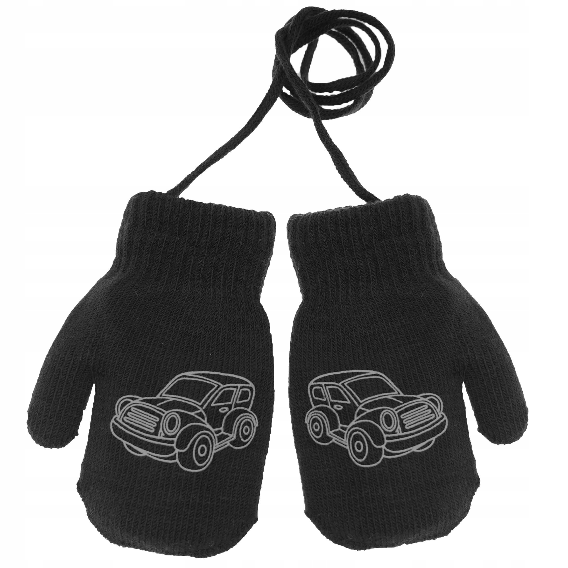 RĘKAWICZKI OCIEPLANE 1P ze sznurkiem czarne z autem 14cm 110-116