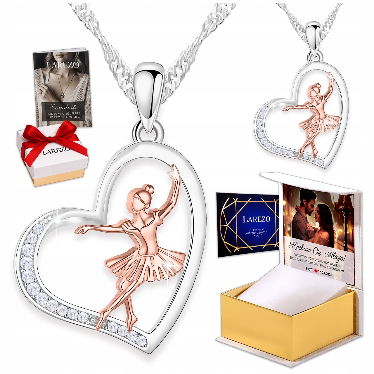 Naszyjnik Srebrny z Baletnicą Tancerką Serce dla Dziewczynki Muzyka Nadruk
