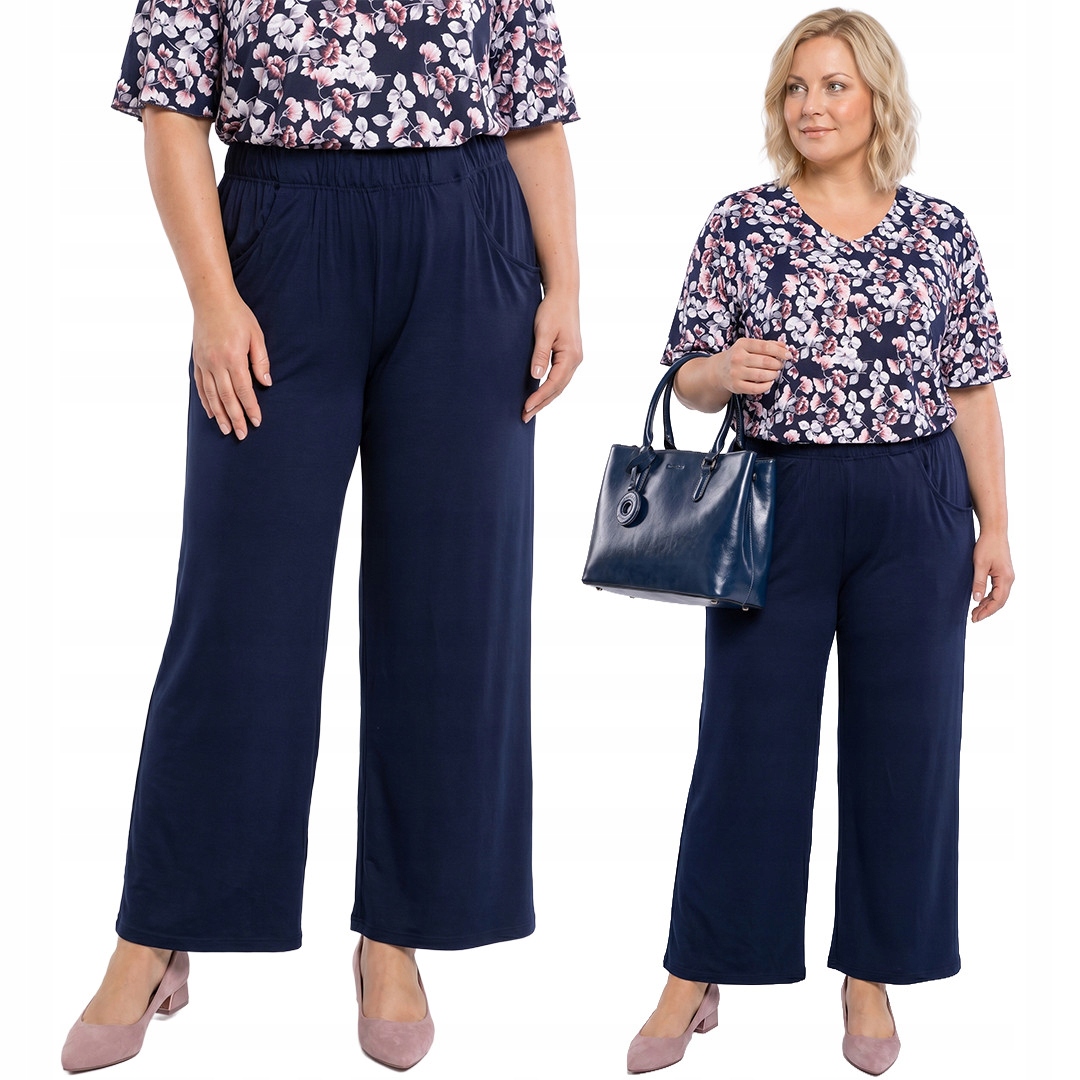 Tmavě modré široké kalhoty s kapsami plus size velikost 56/58