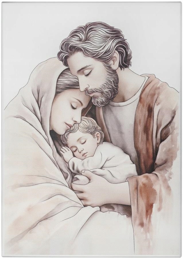 Obraz Svatá rodina 7 x 11 cm Malovaný na dřevě Svatba Výročí Gravírování