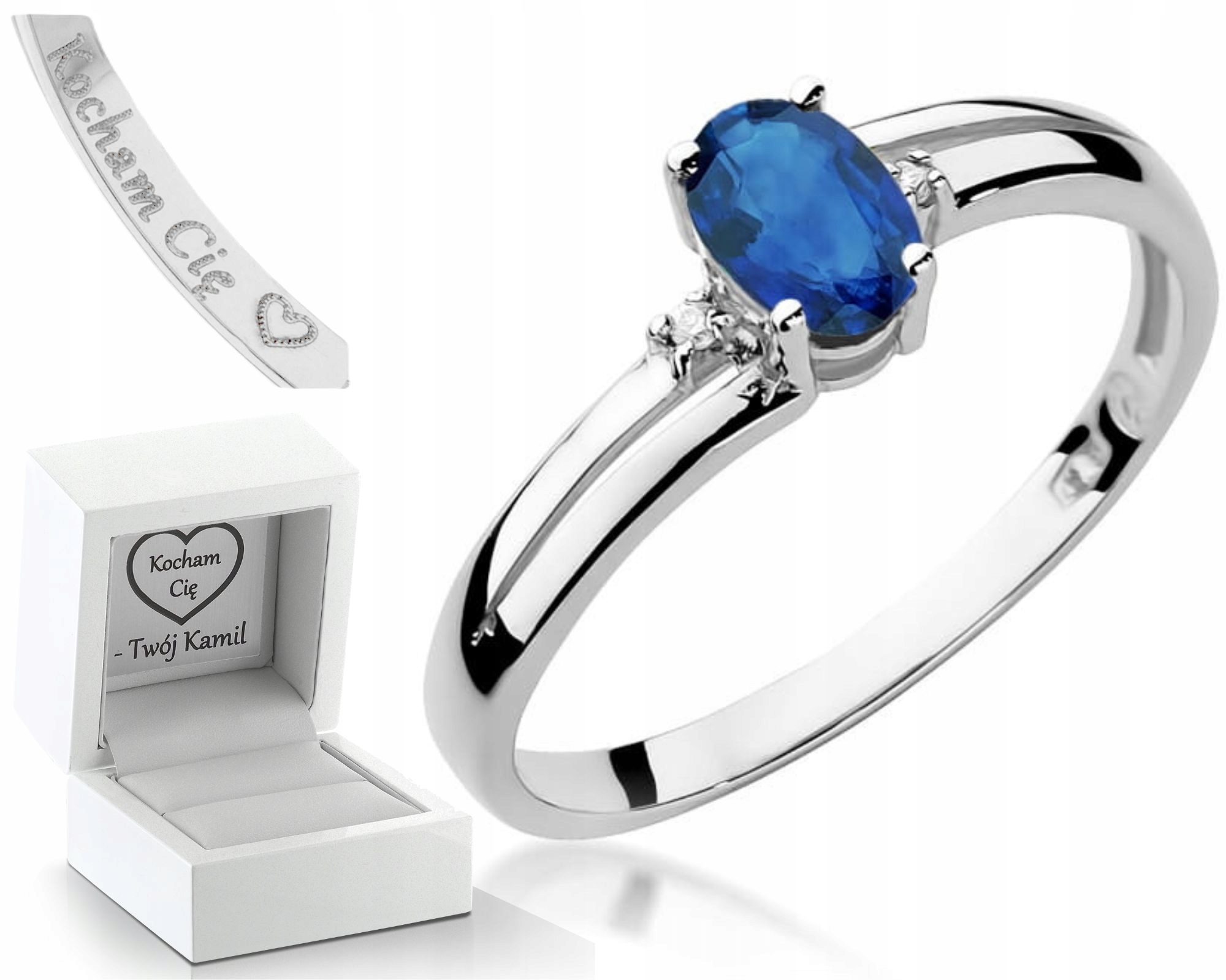 Prstýnek Se Safírem Bílé Zlato Gravírování Bonus