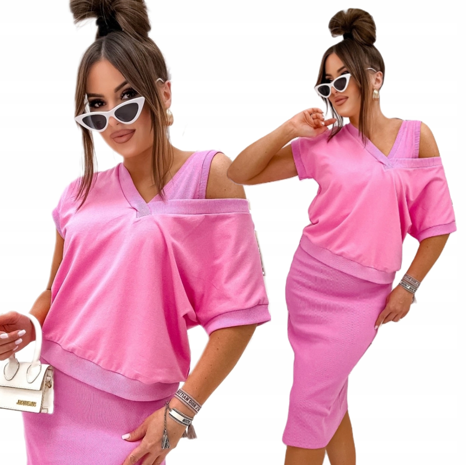 Premium Komplet Sukienka W Prążek Bluza W Serek Polski Produkt Różowy S/m