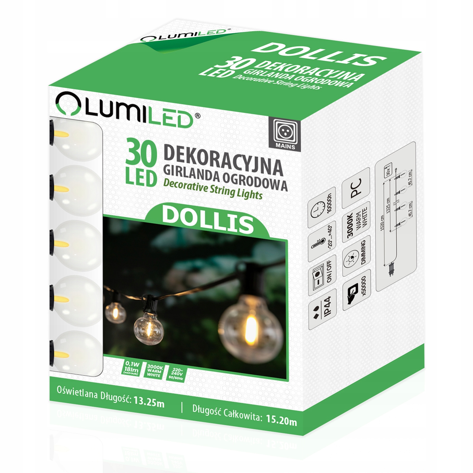 Girlanda OGRODOWA ZEWNĘTRZNA ŚWIETLNA ŁAŃCUCH 30x ŻARÓWKA LED + PILOT Informacje o bezpieczeństwie CE