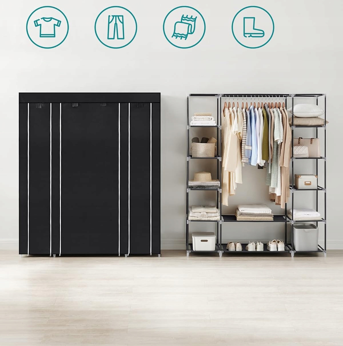 SZAFA NA UBRANIA GARDEROBA MATERIAŁOWA Z DRĄŻKIEM CZARNA 150 x 45 x 175cm Szerokość mebla 150 cm