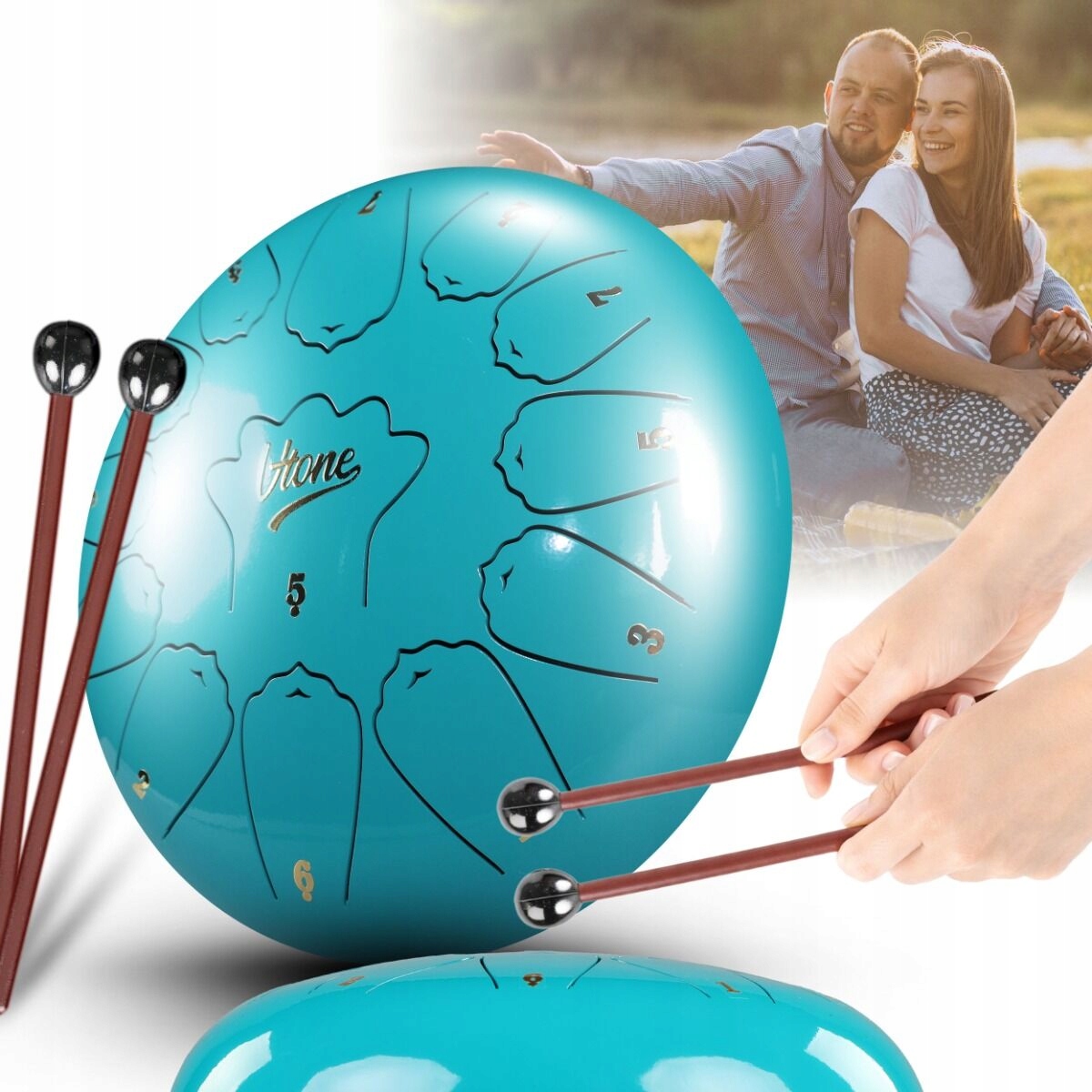 Ocelový Jazykový Buben 12" Palců 13 Tónů Tongue Drum Cyan Pouzdro Tyčinky