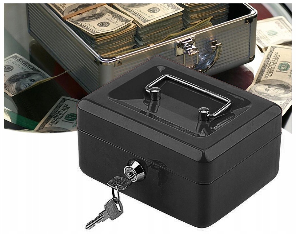 KASETKA METALOWA NA PIENIĄDZE SEJF KLUCZ DOKUMENTY Wysokość zewnętrzna 9 cm