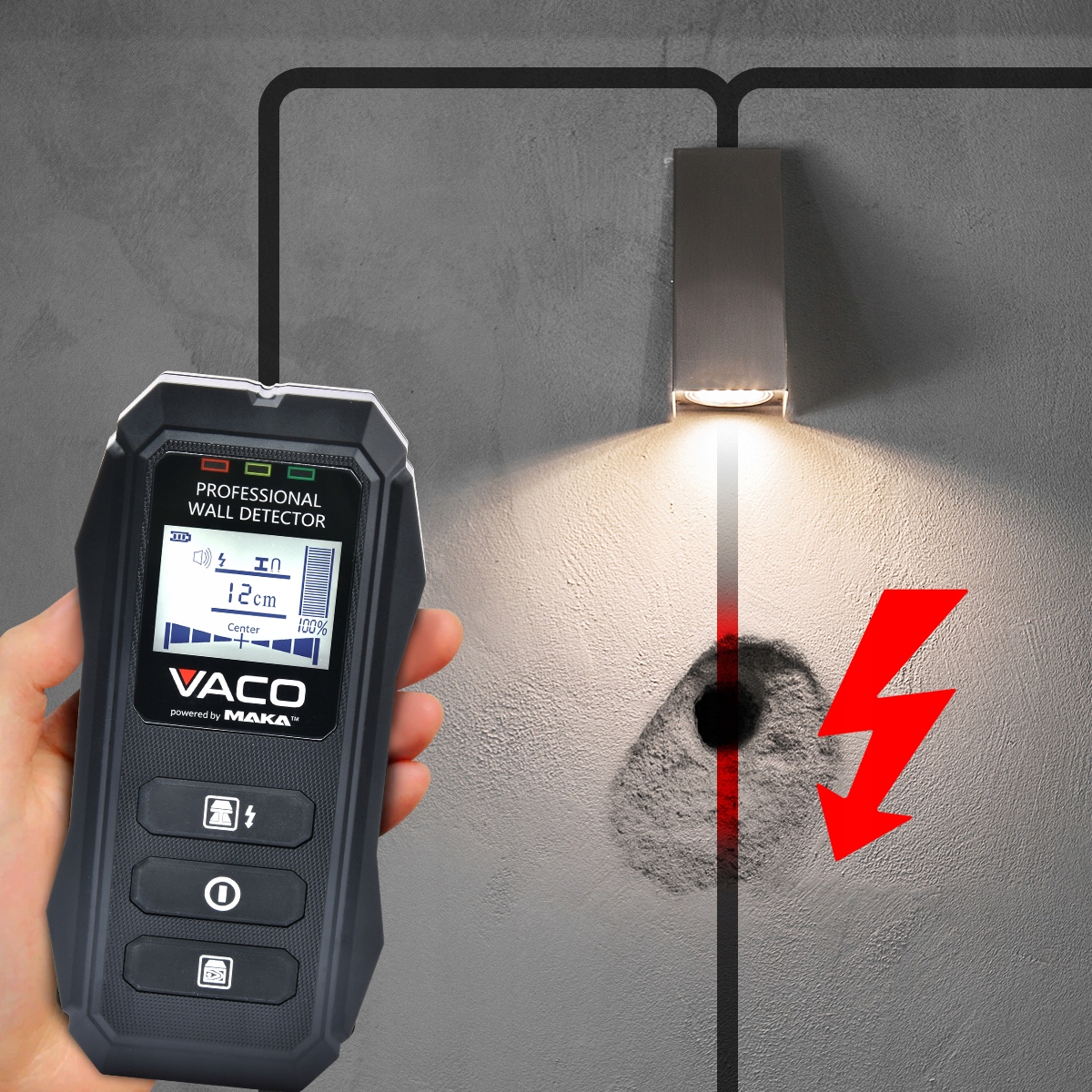 WYKRYWACZ PRZEWODÓW Detektor napięcia METALI Drewna PROFILI Rur KABLI Kod producenta VTO-ED-0123-B50X