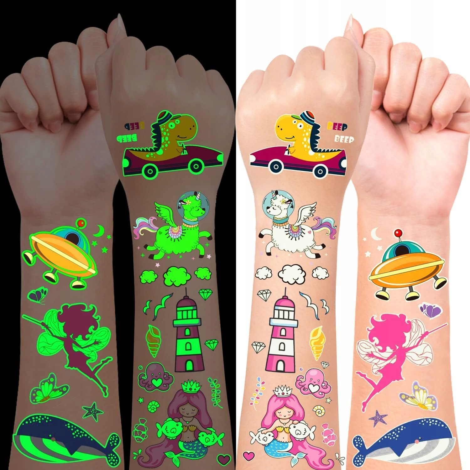 TATUAŻE ŚWIECĄCE W CIEMNOŚCI DLA DZIECI RÓŻNE WZORY MEGA ZESTAW 10 ARKUSZY Marka inny