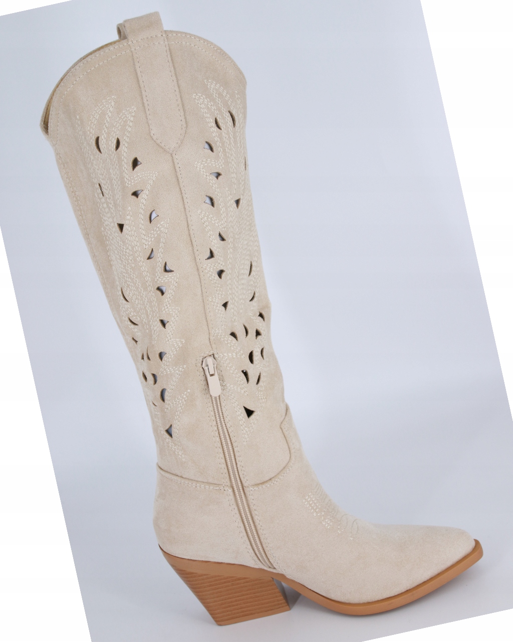 DŁUGIE KOWBOJKI AŻUROWE DAMSKIE KOZAKI Z ZAMSZU BEŻOWE 40 Rozmiar 40