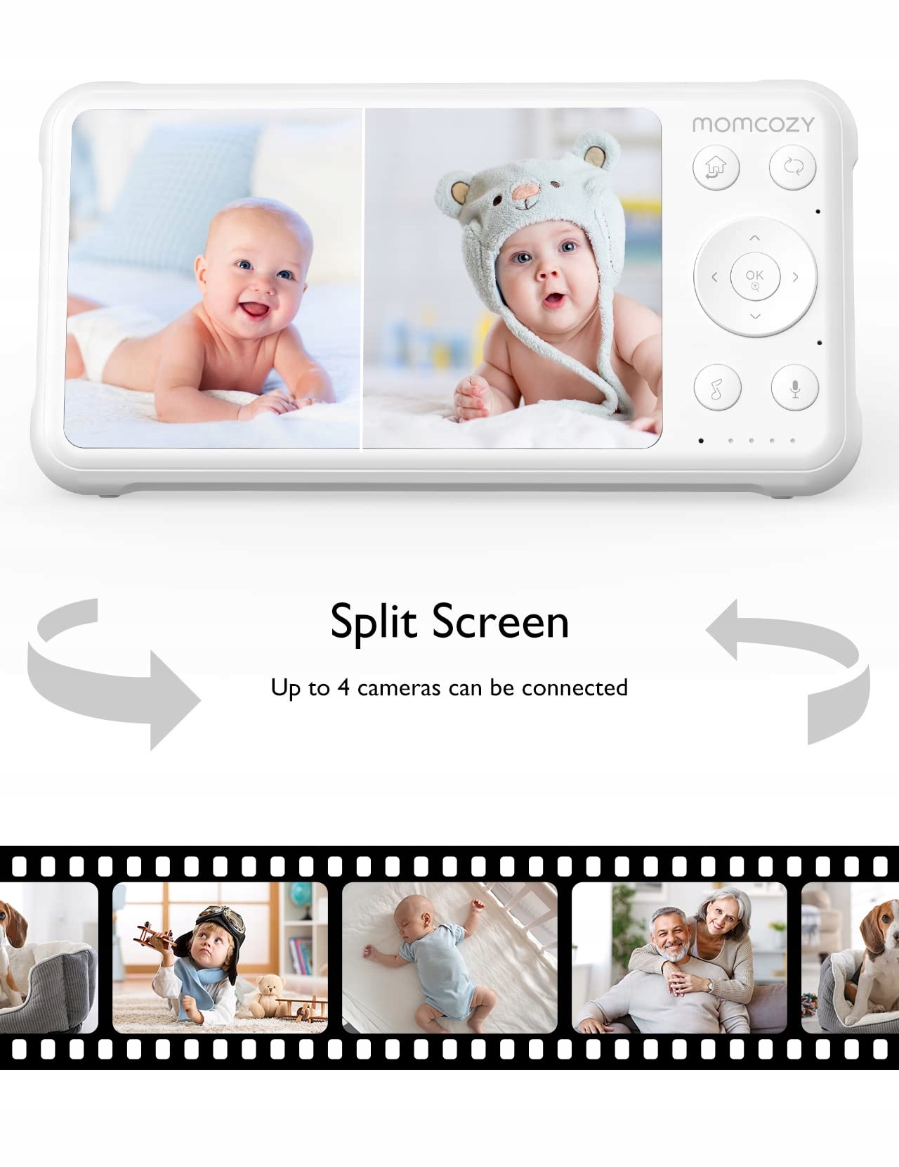 MOMCOZY Niania Elektroniczna 2 Kamery 5 Cali 1080P Ekran Dzielony Audio — miniatura 2