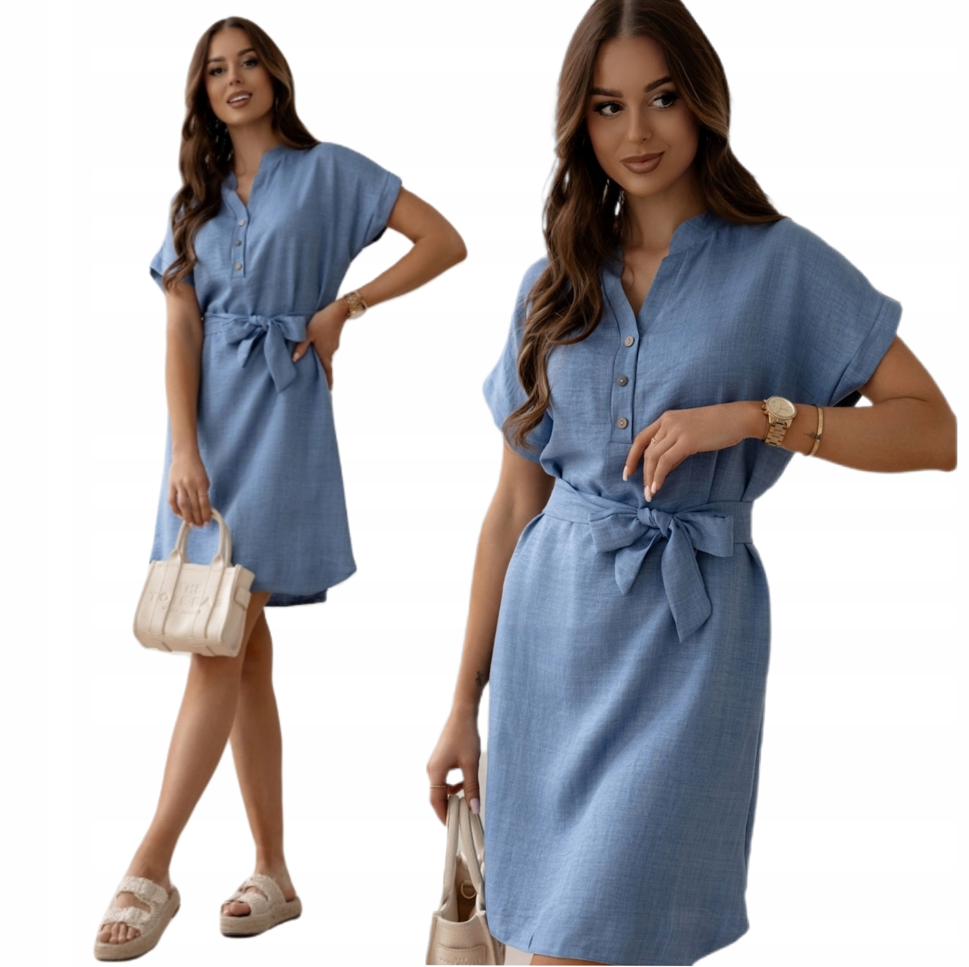 Letnia Zwiewna Kobieca Sukienka Koszulowa Imitacja Lnu Z Paskiem S/m