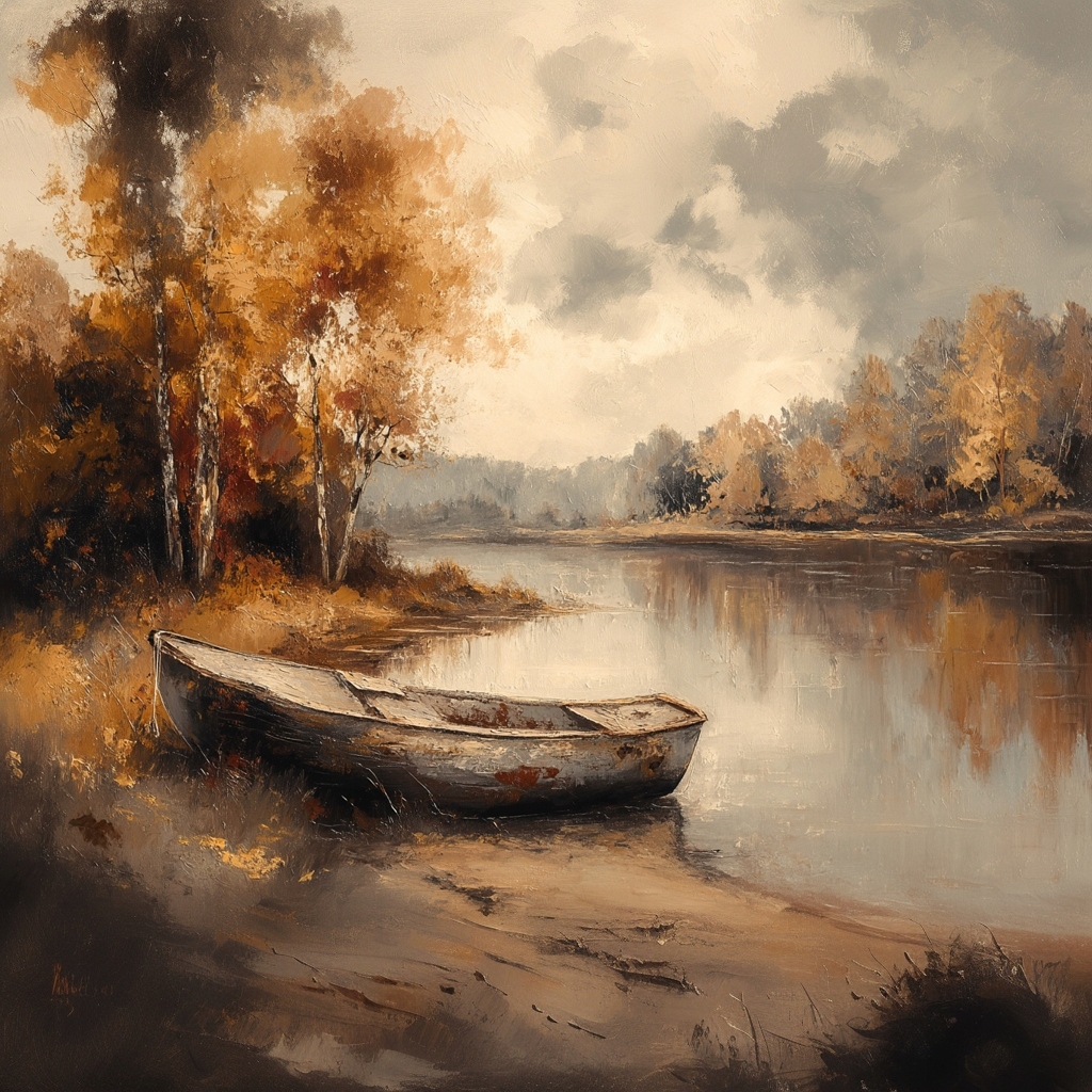 Obraz Na Plátně Canvas Podzimní Krajina Loďka Řeka Zlatá Podzim 80 x 80