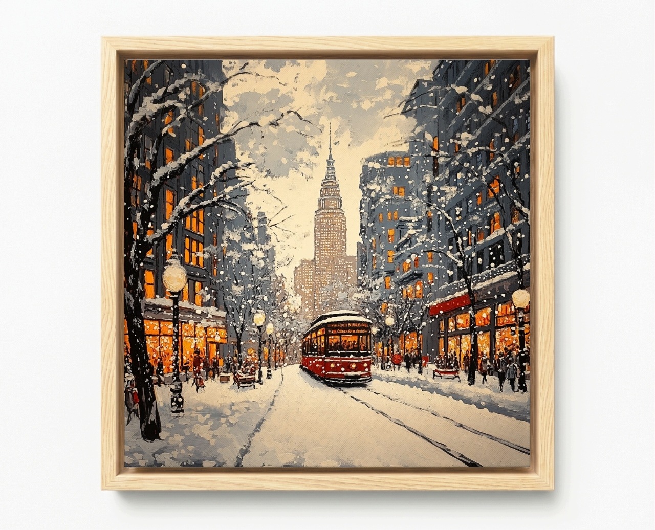 Obraz Rám Americký Box Zimní Krajina Město Tramvaj Sníh Mrakodrap 60x60