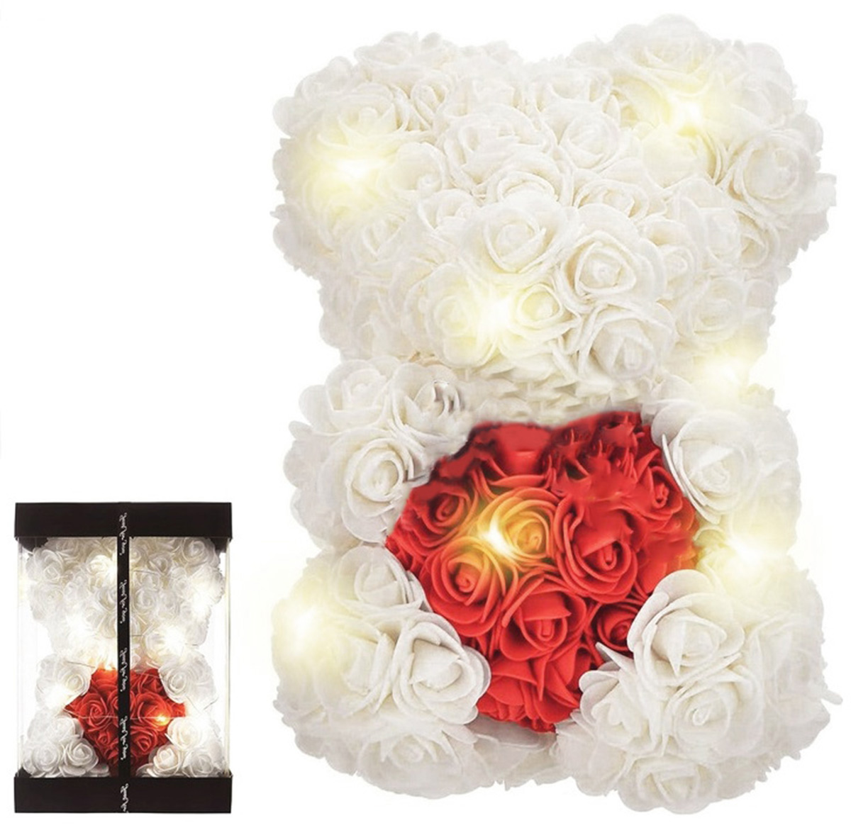 MIŚ Z RÓŻ PREZENT WALENTYNKI BIAŁA RÓŻA CZERWONE SERCE PUDEŁKO + LED BQ54C