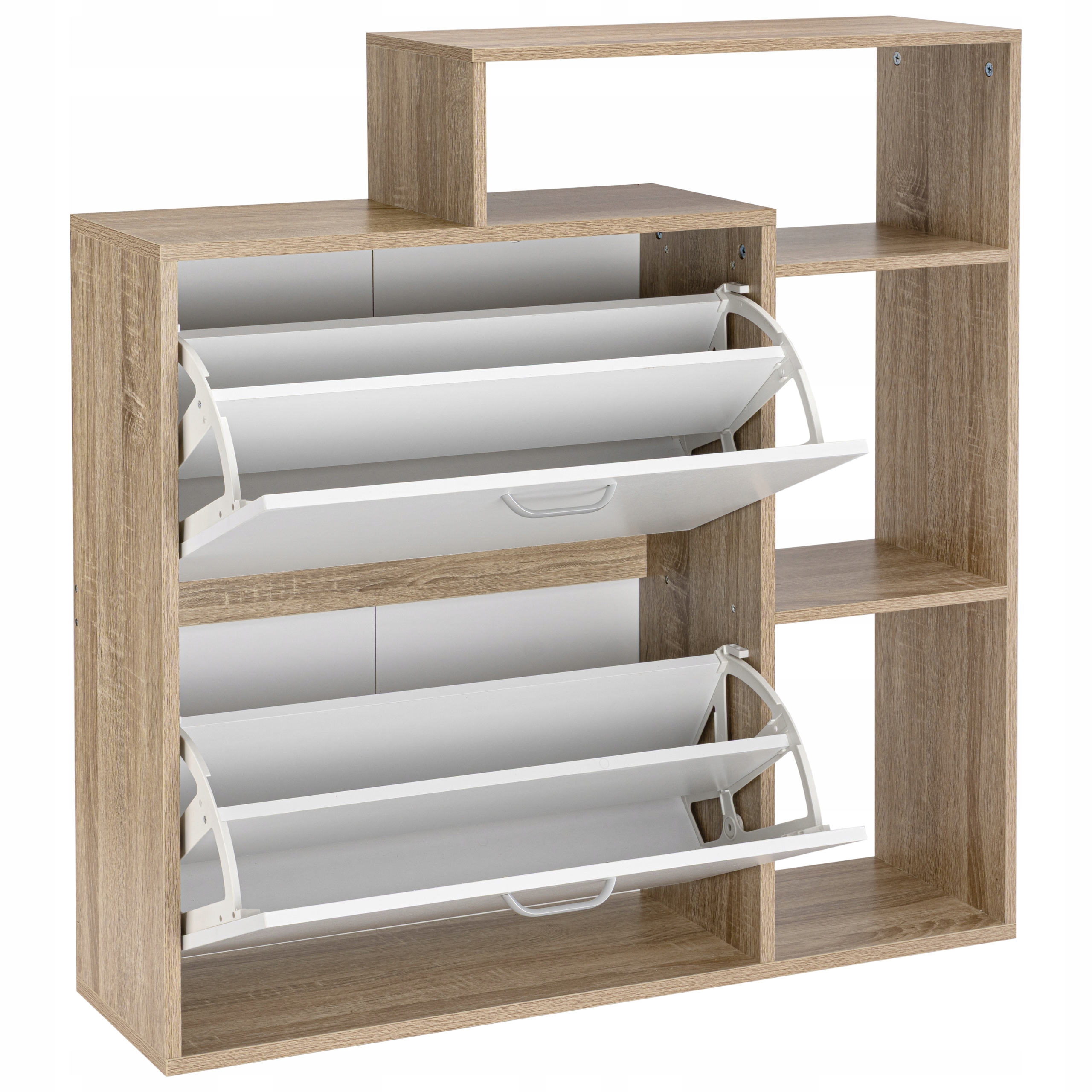 SZAFKA NA BUTY OBUWIE WĄSKA BIAŁA DĄB SONOMA Z REGAŁEM PÓŁKI DO PRZEDPOKOJU Szerokość mebla 87 cm