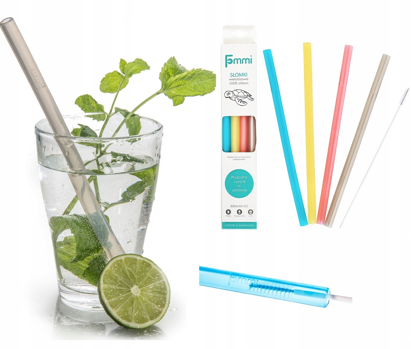 Słomki silikonowe Fommi wielorazowe 4szt + czyścik