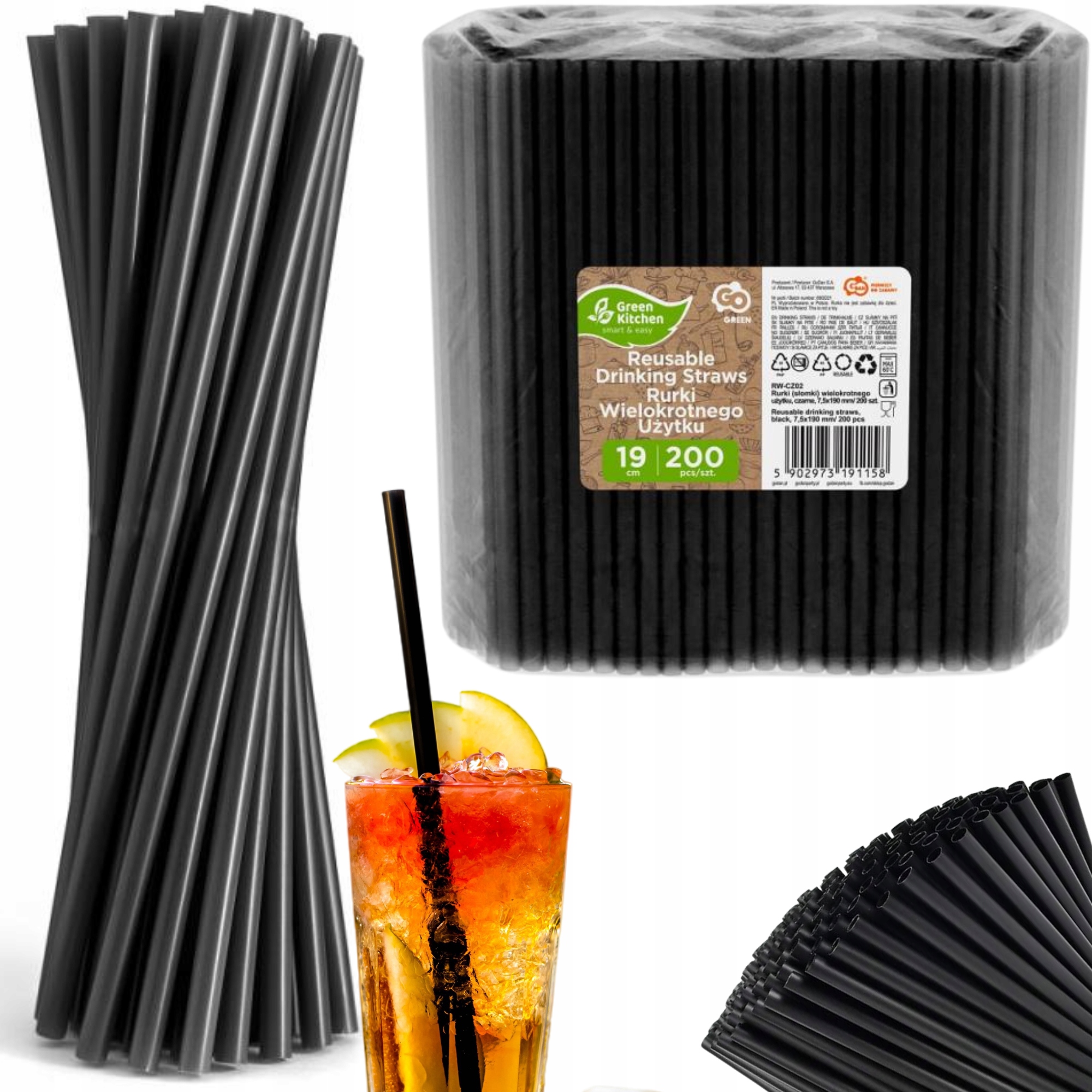 SŁOMKI RURKI PLASTIKOWE WIELOKROTNEGO UŻYTKU MIX CZARNE SHAKE 200szt