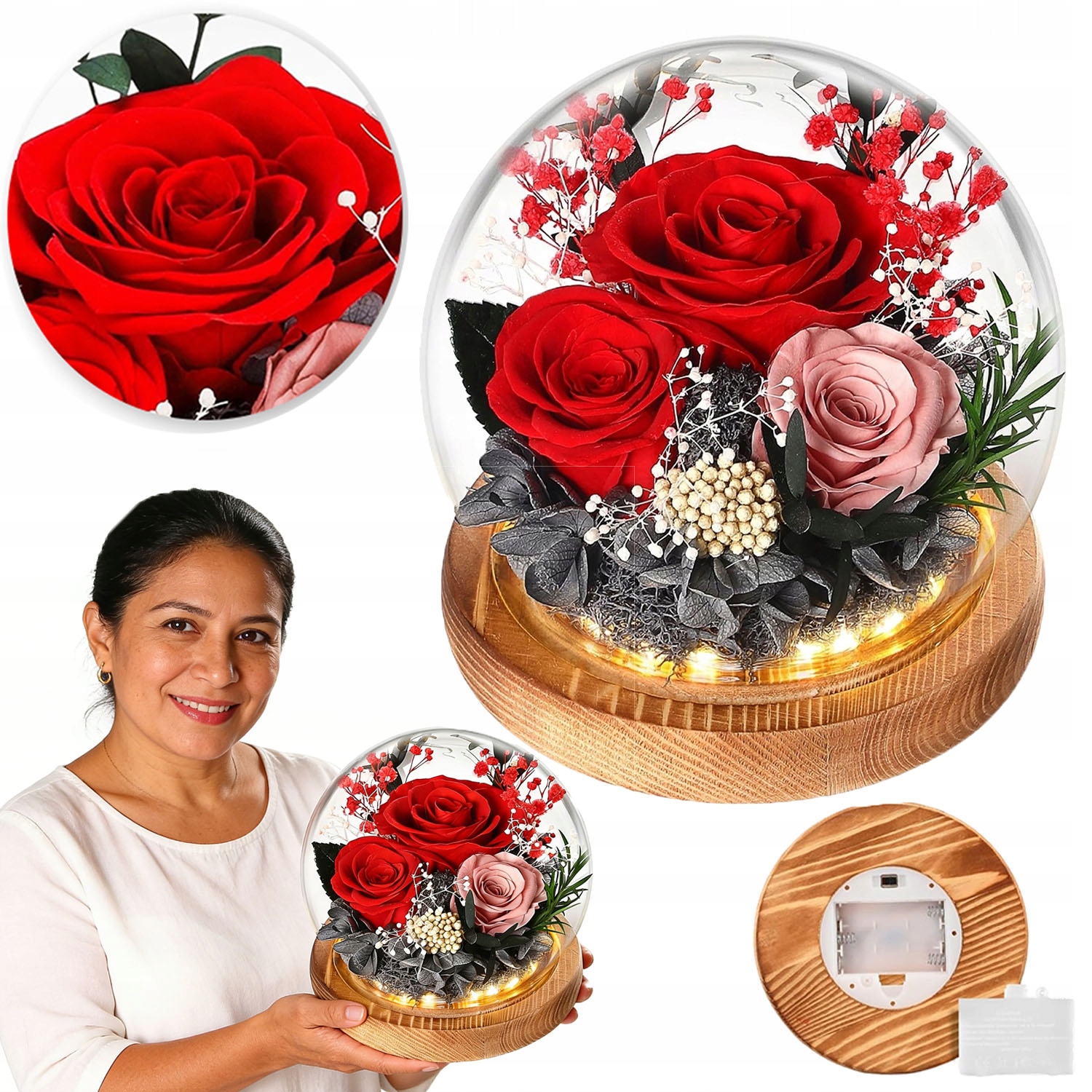 Růže ve skle Svítící Led Květiny Věčné Dárek pro každou příležitost Box Kytice