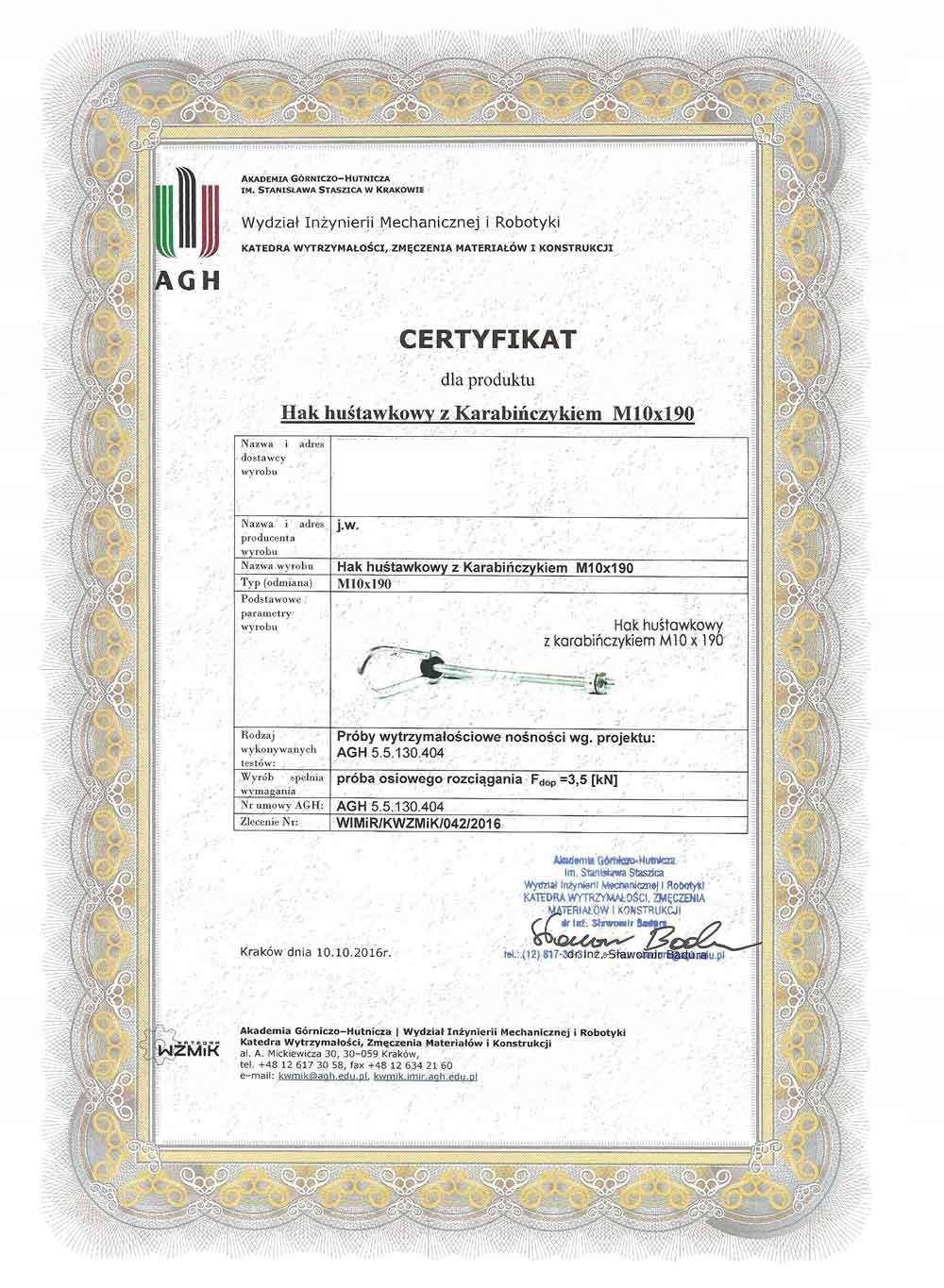 Hak śrubowy do huśtawki hamaka M10x190 z karabińczykiem Producent Bolt