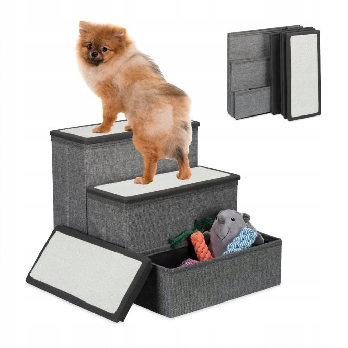 Levně Schody pro psa 3 stupně skládací s úložným prostorem, šedé