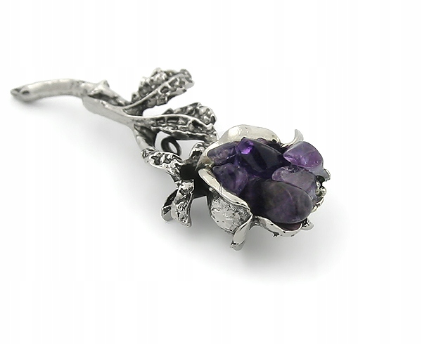 BROSZKA RÓŻA SREBRNA Z AMETYSTAMI